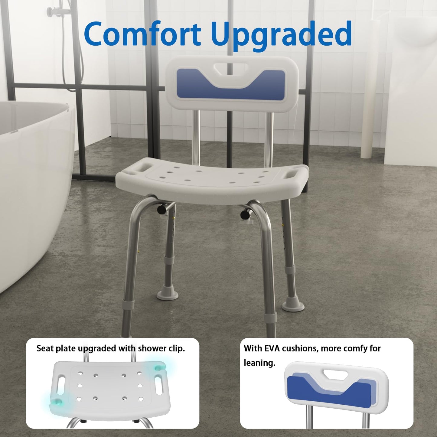 Adjustable Small Stool Shower Chair for Seniors Elderly Handicap Disabled Bariatric Adults Or Women with Back Heavy Duty 500 Lbs Bench Seat for Inside Shower Stall Bathroom Bath Tub Seats Chairs