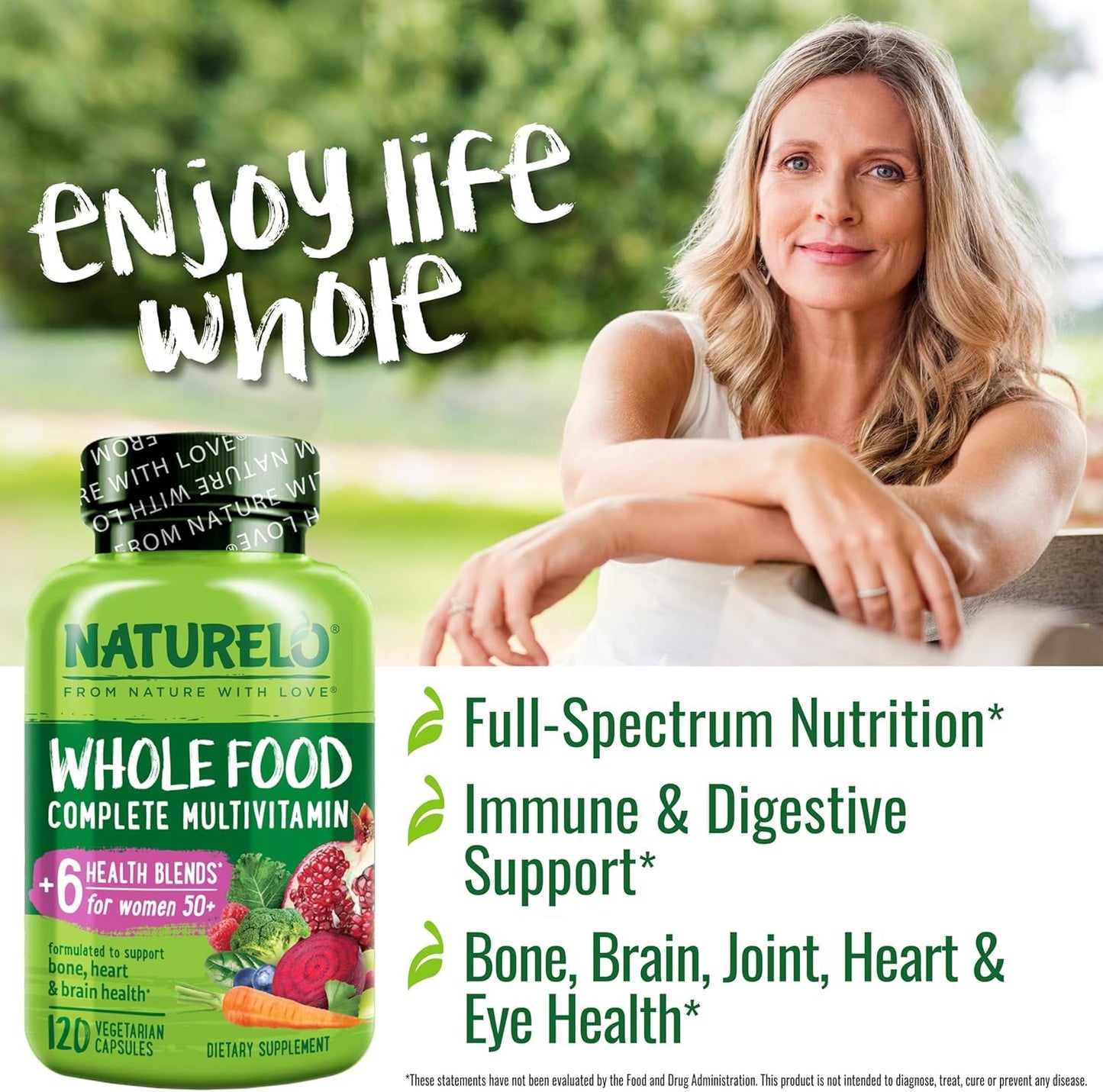 NATURELO Whole Food Multivitamin for Women 50+ (Iron Free) with Vitamins, Minerals, & Organic Extracts - Supplement for Post Menopausal Women Over 50 - No GMO - 120 Vegan Capsules