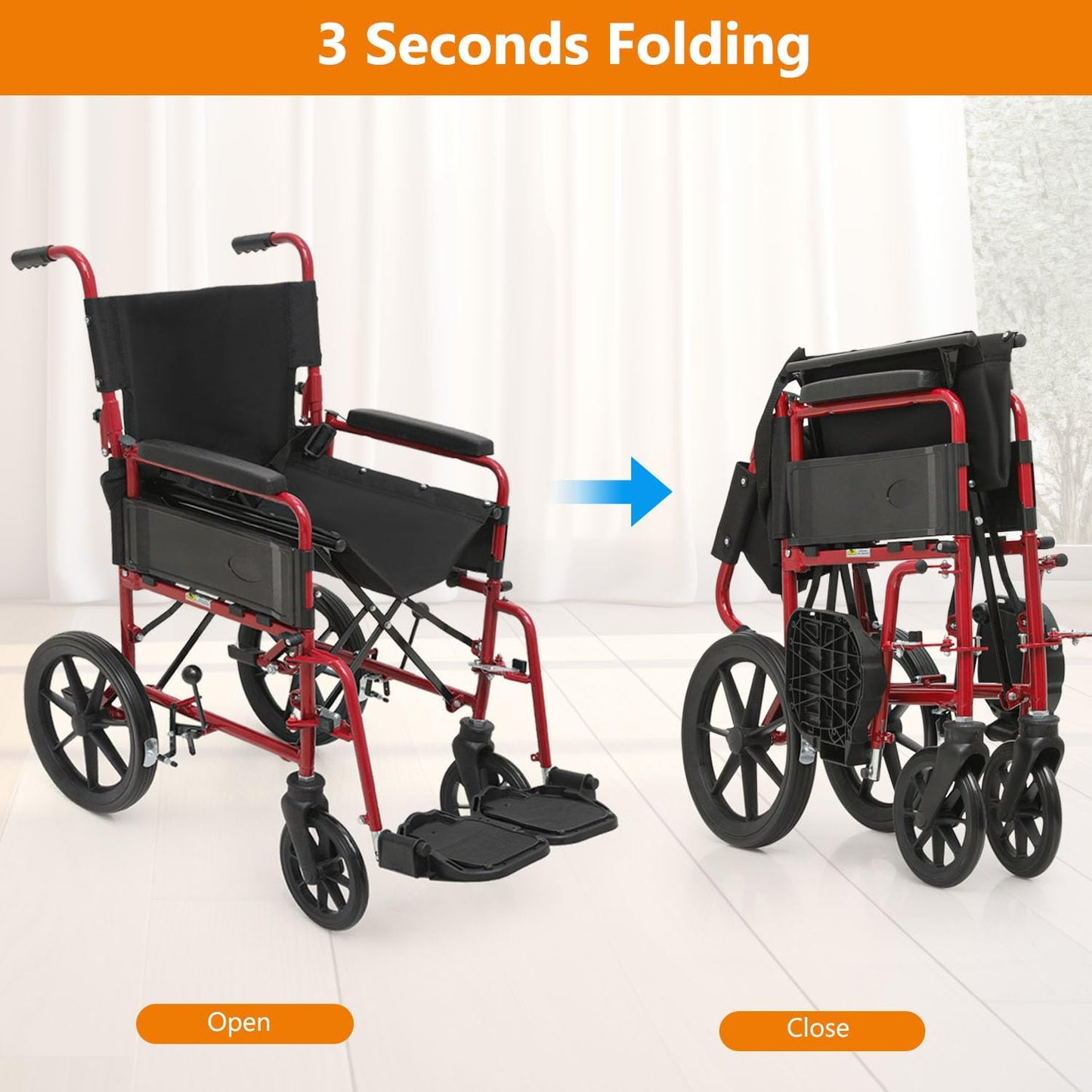 Wheelchair, Folding Transport Wheelchair with Swing-Away Foot Rest and Removable Flip Back Armrests, 18" Wide Seat for Adults Seniors Transfers, 300lbs, Black