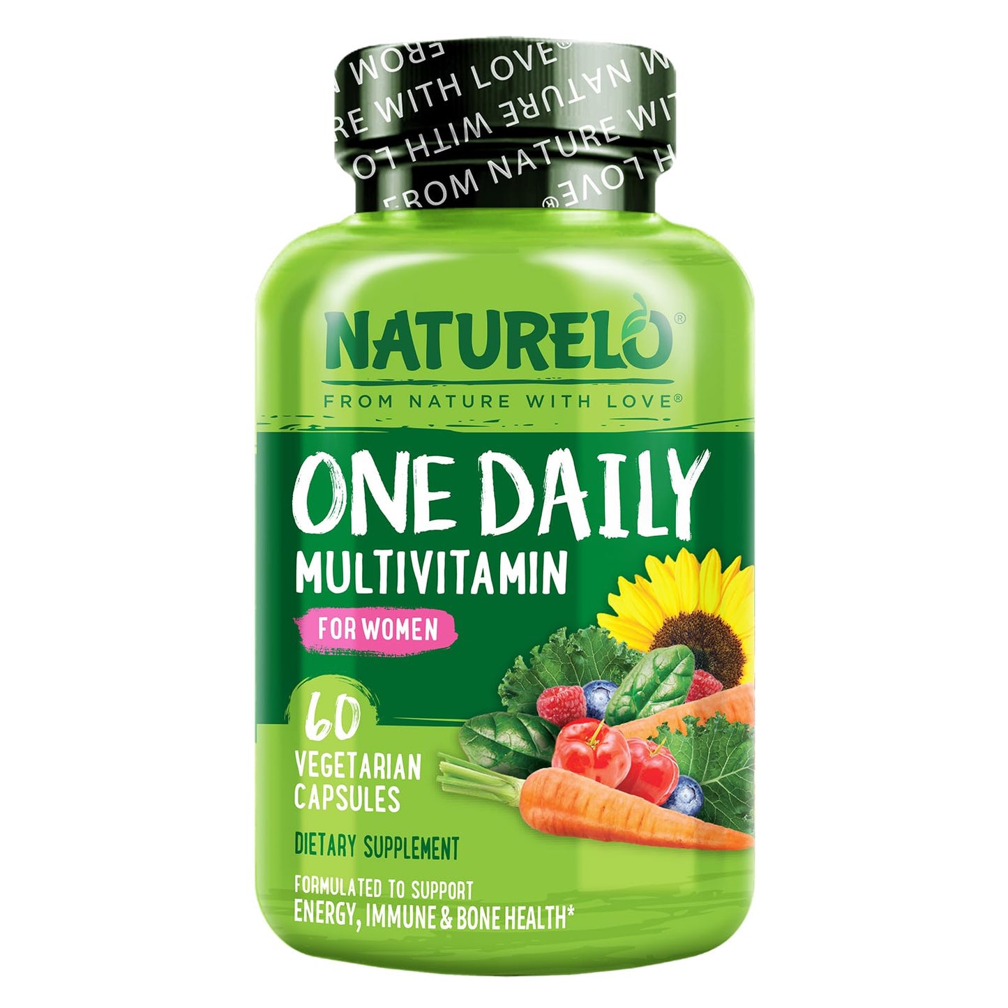 NATURELO One Daily Multivitamin for Women - Energy Support - Whole Food Supplement to Nourish Hair, Skin, Nails - Non-GMO - No Soy - Gluten Free - 60 Capsules - 2 Month Supply