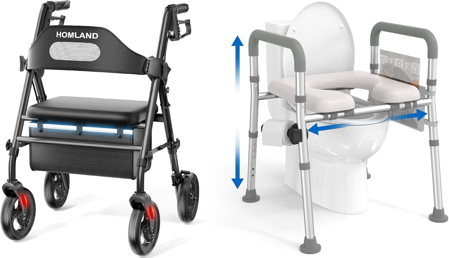 Rollator Walker with Seat and Raised Toilet Seat with Handles
