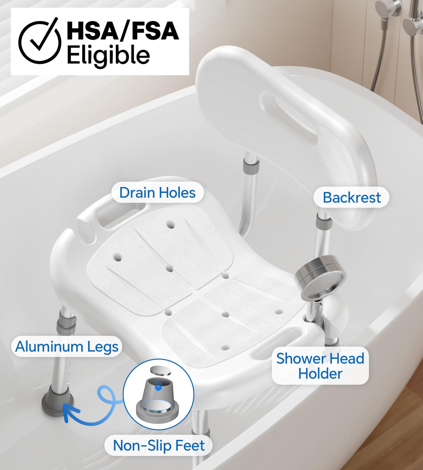 Shower Chair for Inside Shower with Removable Back, FSA/HSA Eligible Adjustable Height, Non-Slip Heavy Duty Bath Chair for Bathtub, 350 lbs Shower Seat for Elderly and Disabled, White