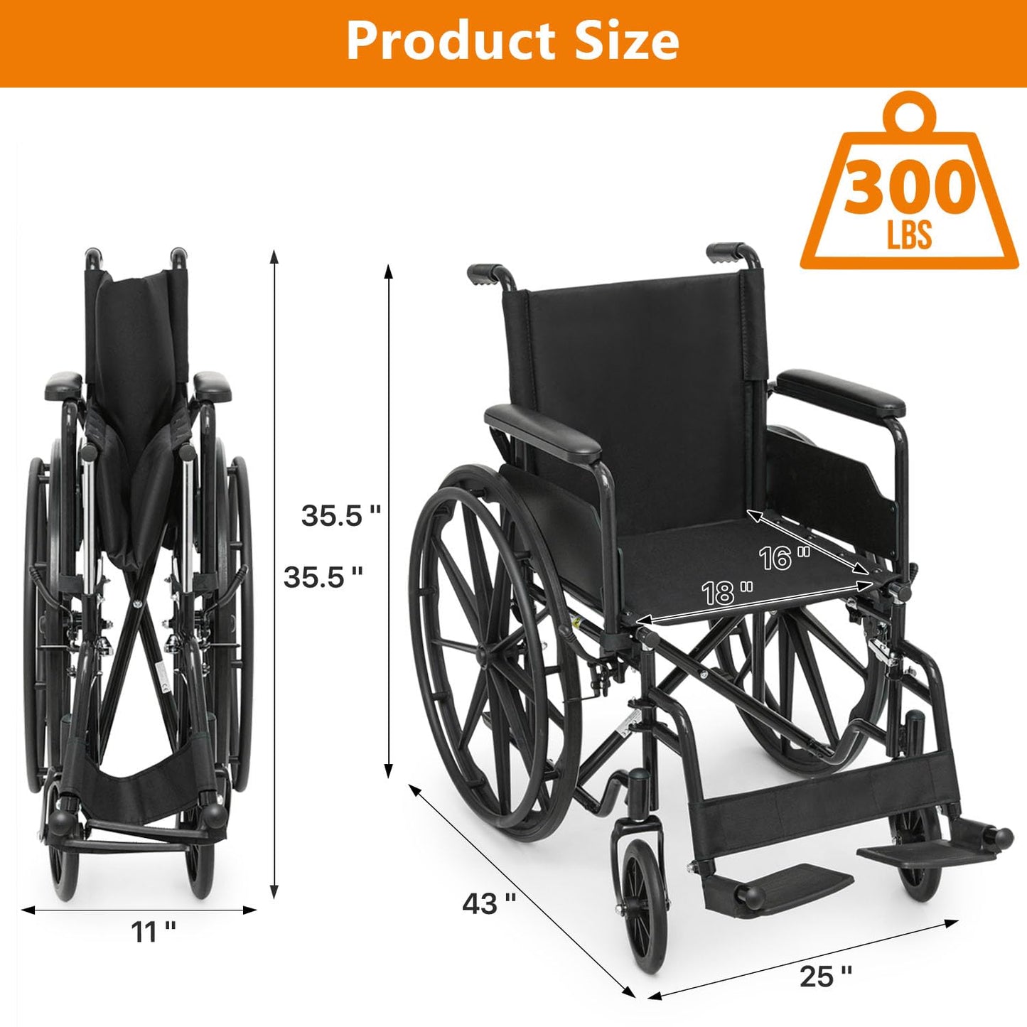 Wheelchair, Folding Transport Wheelchair with Swing-Away Foot Rest and Removable Flip Back Armrests, 18" Wide Seat for Adults Seniors Transfers, 300lbs, Black