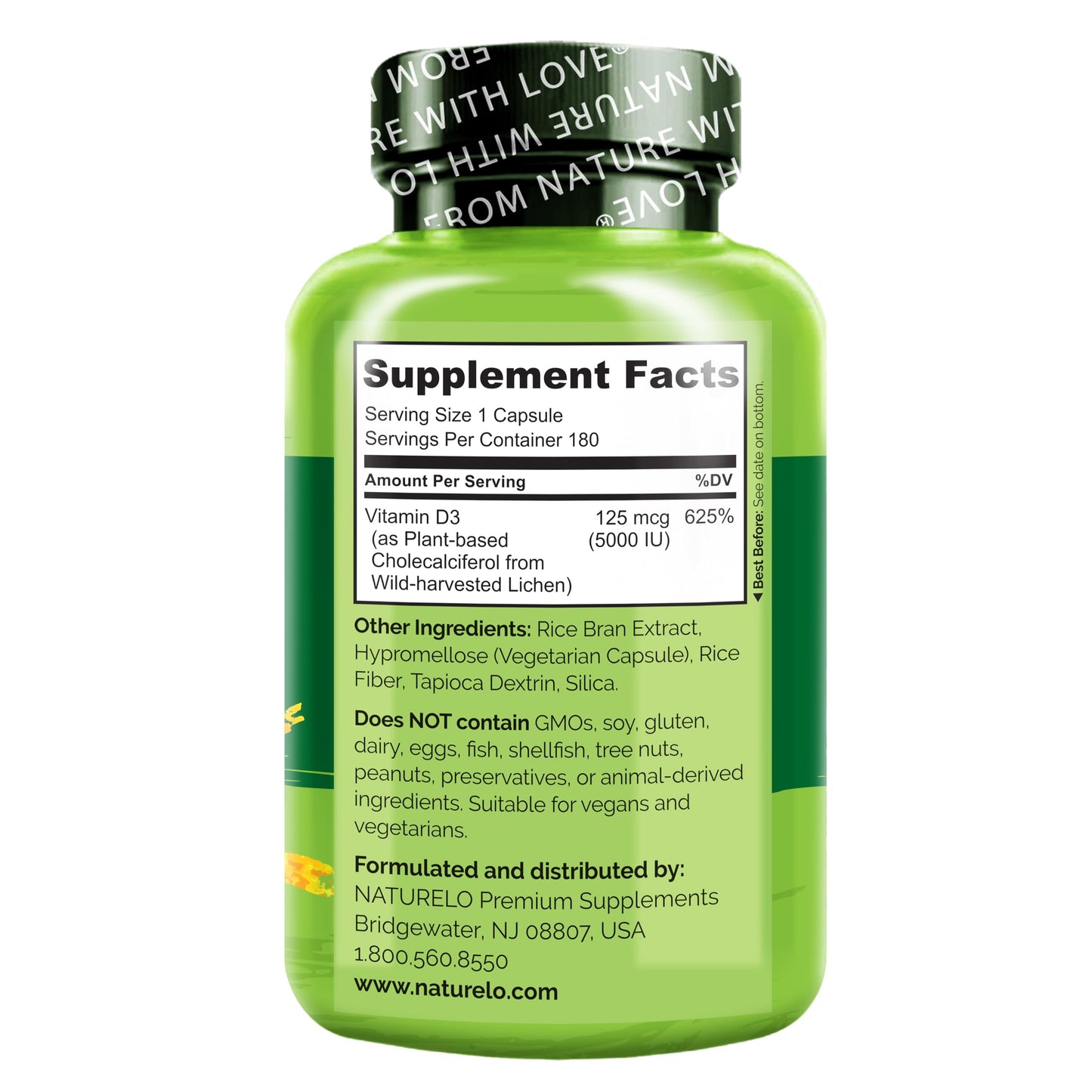 NATURELO Vitamin D - 5000 IU - Plant Based from Lichen - Natural D3 Supplement for Immune System, Bone Support, Joint Health - High Potency - Vegan - Non-GMO - Gluten Free - 180 Capsules