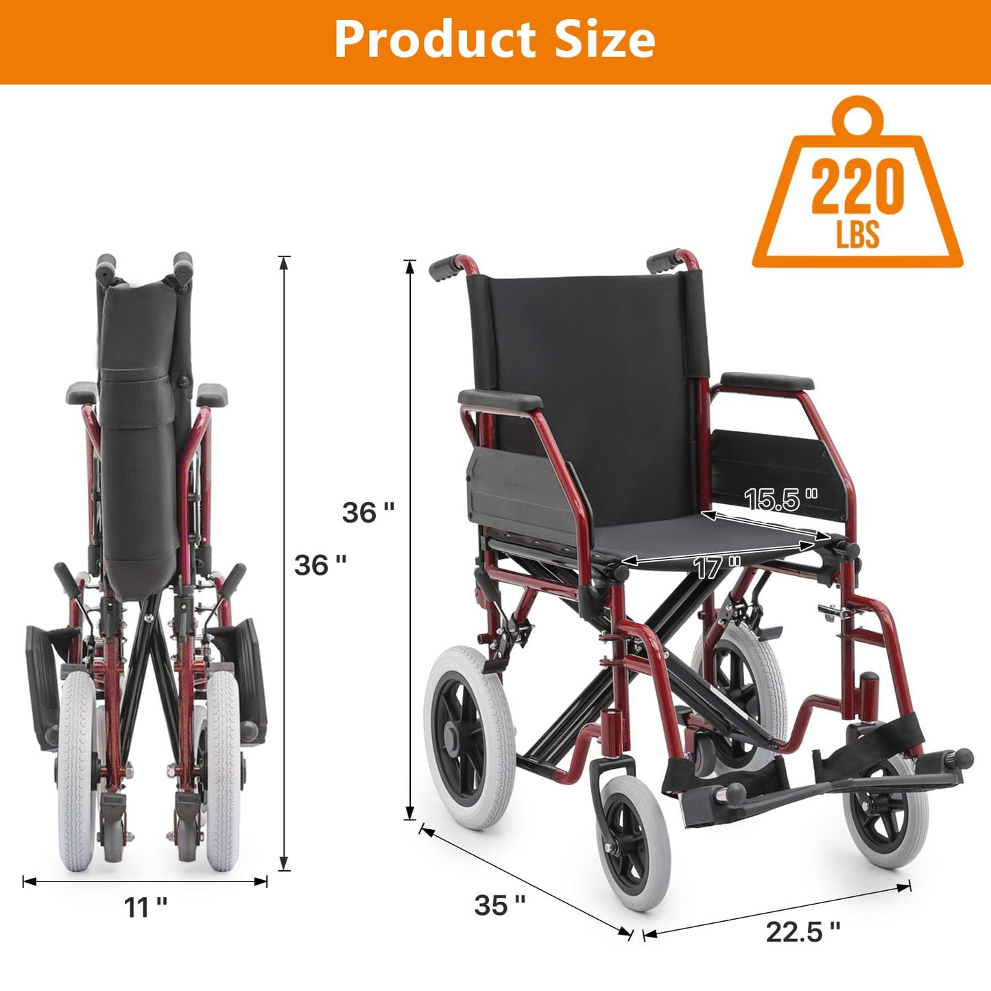 Wheelchair, Heavy Duty Folding Transport Wheelchair with Swing-Away Foot Rest and Removable Flip Back Armrests, 17" Wide Seat for Adults Seniors Easy Transfers, 300lbs, Red