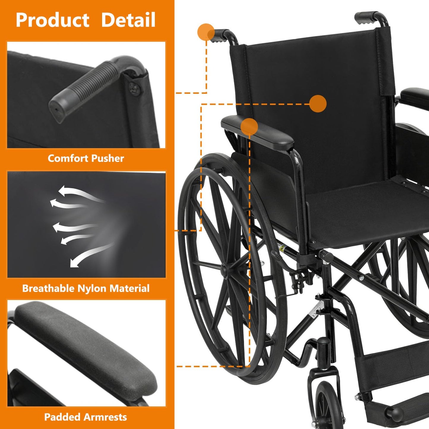 Wheelchair, Folding Transport Wheelchair with Swing-Away Foot Rest and Removable Flip Back Armrests, 18" Wide Seat for Adults Seniors Transfers, 300lbs, Black