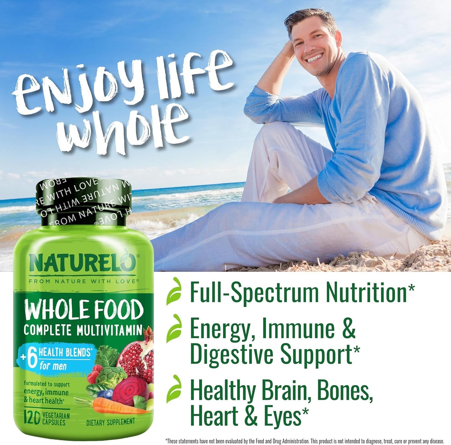 NATURELO Mens Multivitamins - Whole Food Multivitamin for Men with Vitamins, Minerals - 120 Vegetarian Capsules for Energy, Brain, Heart, Eye Health*