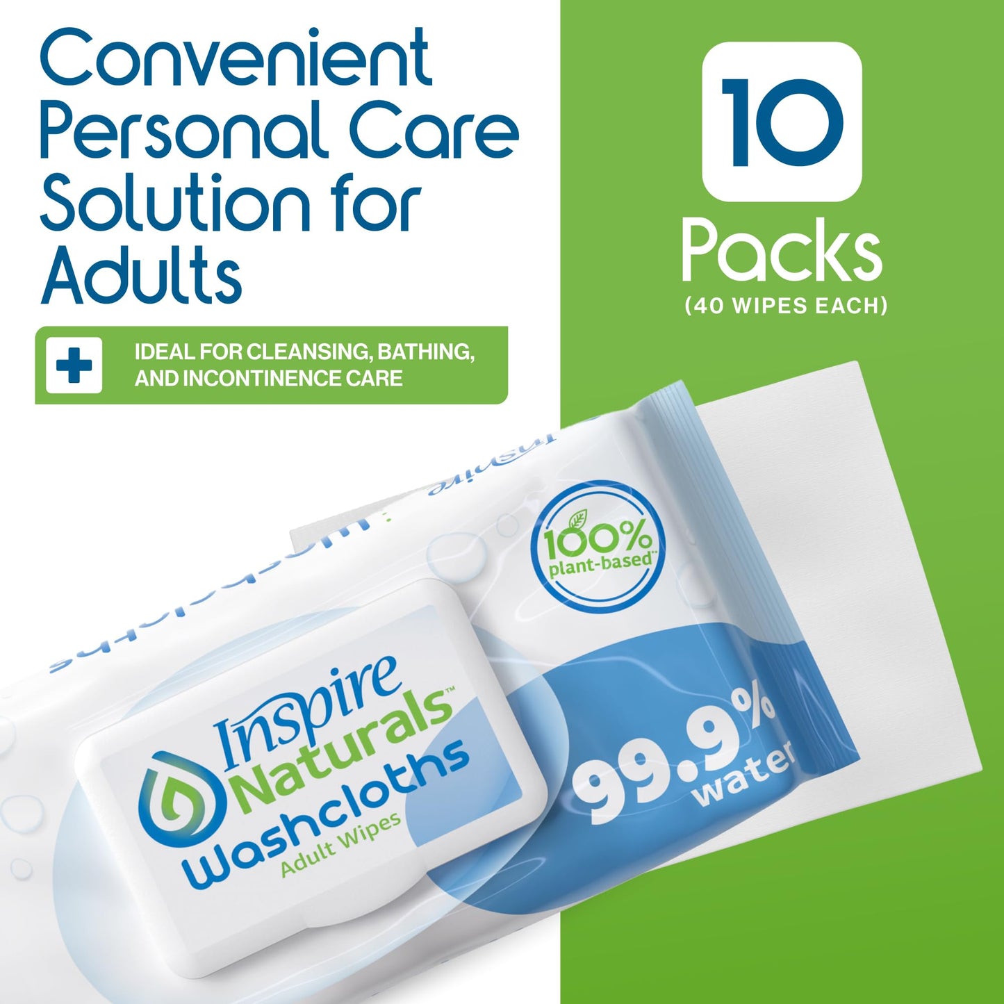 Inspire Naturals 99.9% Water Based Wet Wipes For Adults | Plastic Free Adult Wipe Extra Large Unscented | Disposable Washcloths For Elderly Incontinence, Bathing and Body (160 Ct)