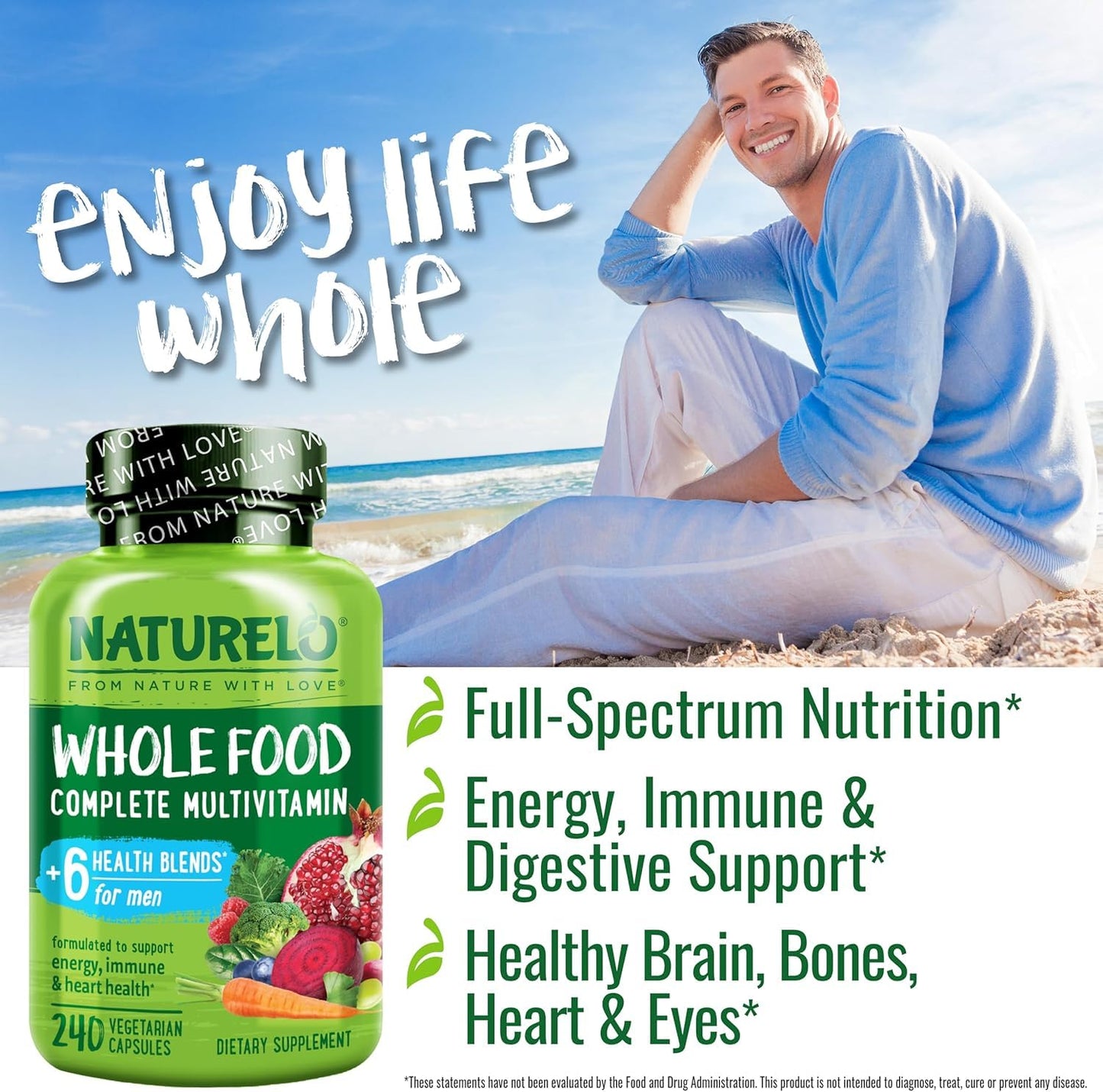 NATURELO Mens Multivitamins - Whole Food Multivitamin for Men with Vitamins, Minerals - 120 Vegetarian Capsules for Energy, Brain, Heart, Eye Health*