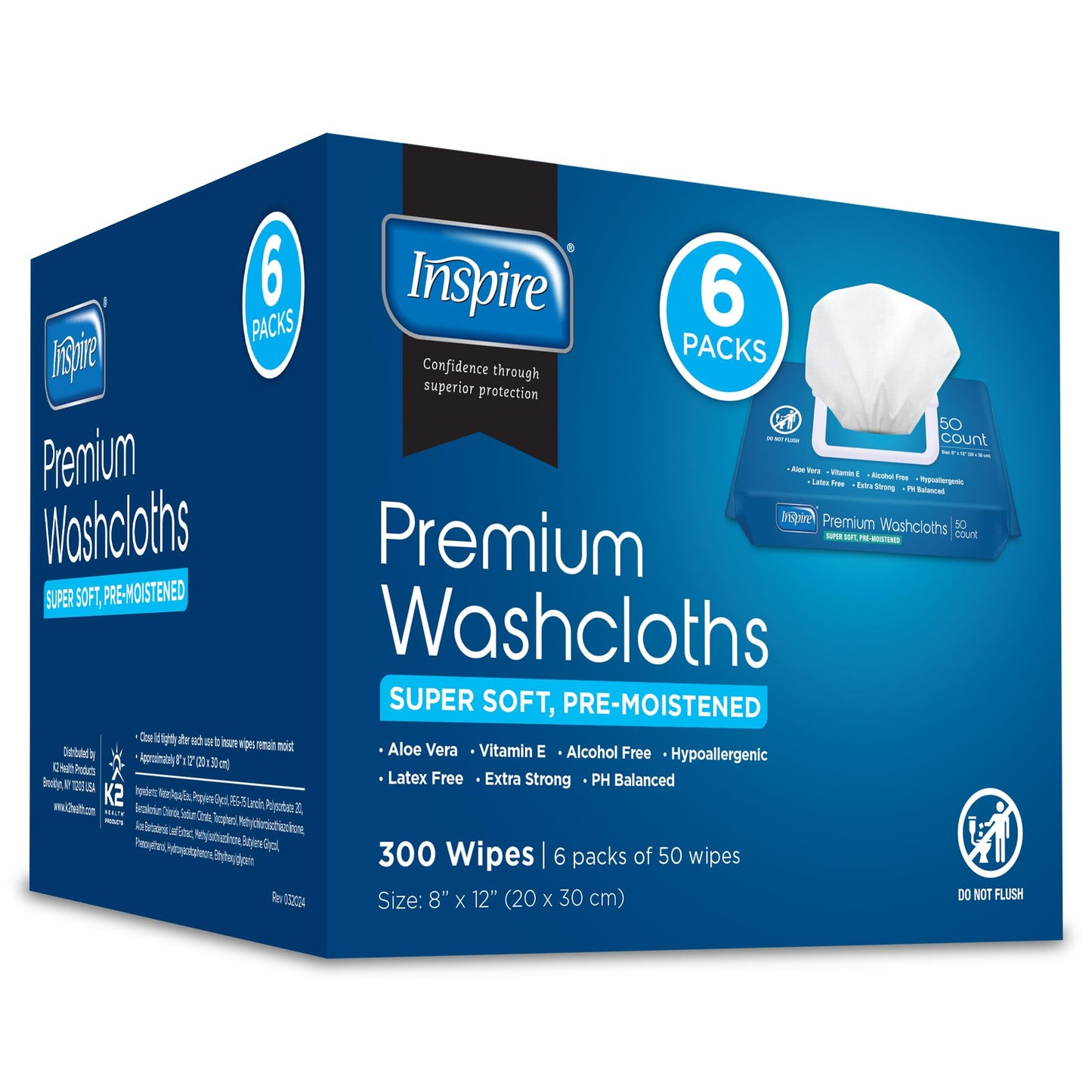 Inspire Adult Wet Wipes, Wash Cloths | Adult Wipes for Incontinence & Cleansing for Elderly, 8"x12" Count 12 packs of 50