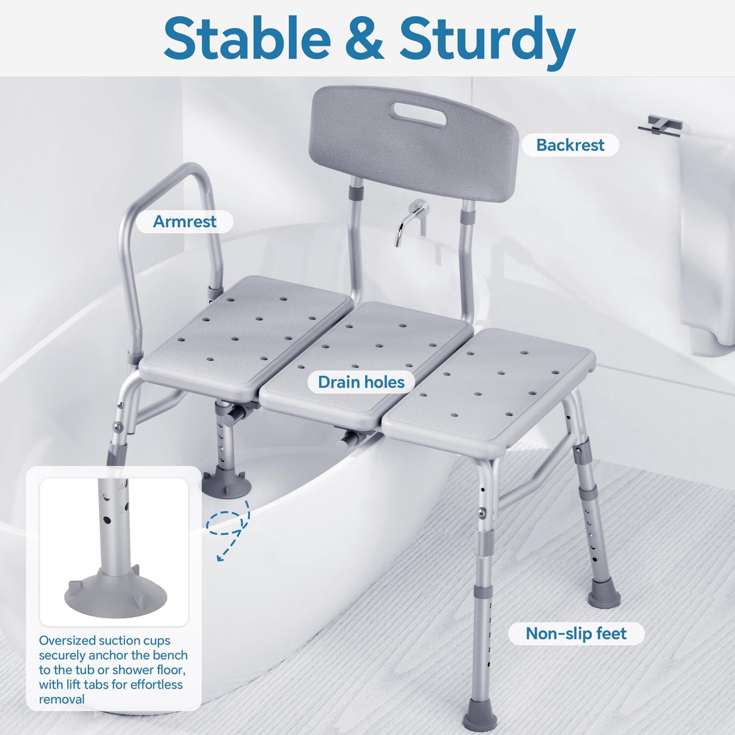 Tub Transfer Bench for Bathtub, FSA/HSA Eligible 400 lbs Heavy Duty Shower Chair with Backrest, Slip-Resistant Feet, Height Adjustable Shower Bench Shower Seat for Elderly and Disabled