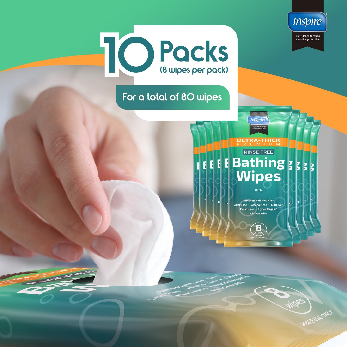 Inspire Rinse Free Body Wash Wipes | Bathing Wipes, Shower Wipes | Extra Large Adult Wipes With Aloe | Cleansing Adult Wipes | Body Wipes For Women And Men | Disposable Washcloths For Adults Bathing
