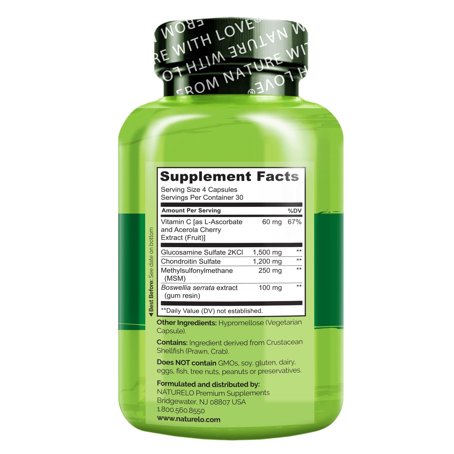 NATURELO Glucosamine Chondroitin MSM with Boswellia and Vitamin C - Supplement for Joint Comfort, Mobility, and Strength - 120 Capsules