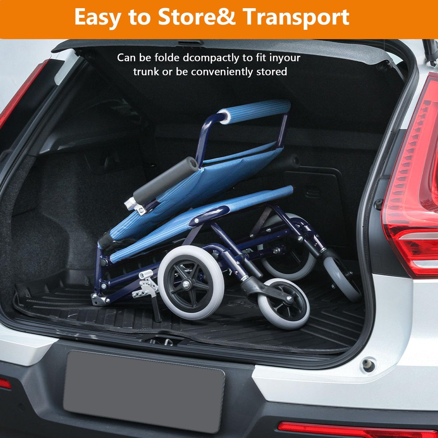 Lightweight Foldable Transport Wheelchair with Flip Back Armrest and Foldable Pedal, 18" Wide Seat for Adults Seniors Easy Transfers, 250lbs, Blue