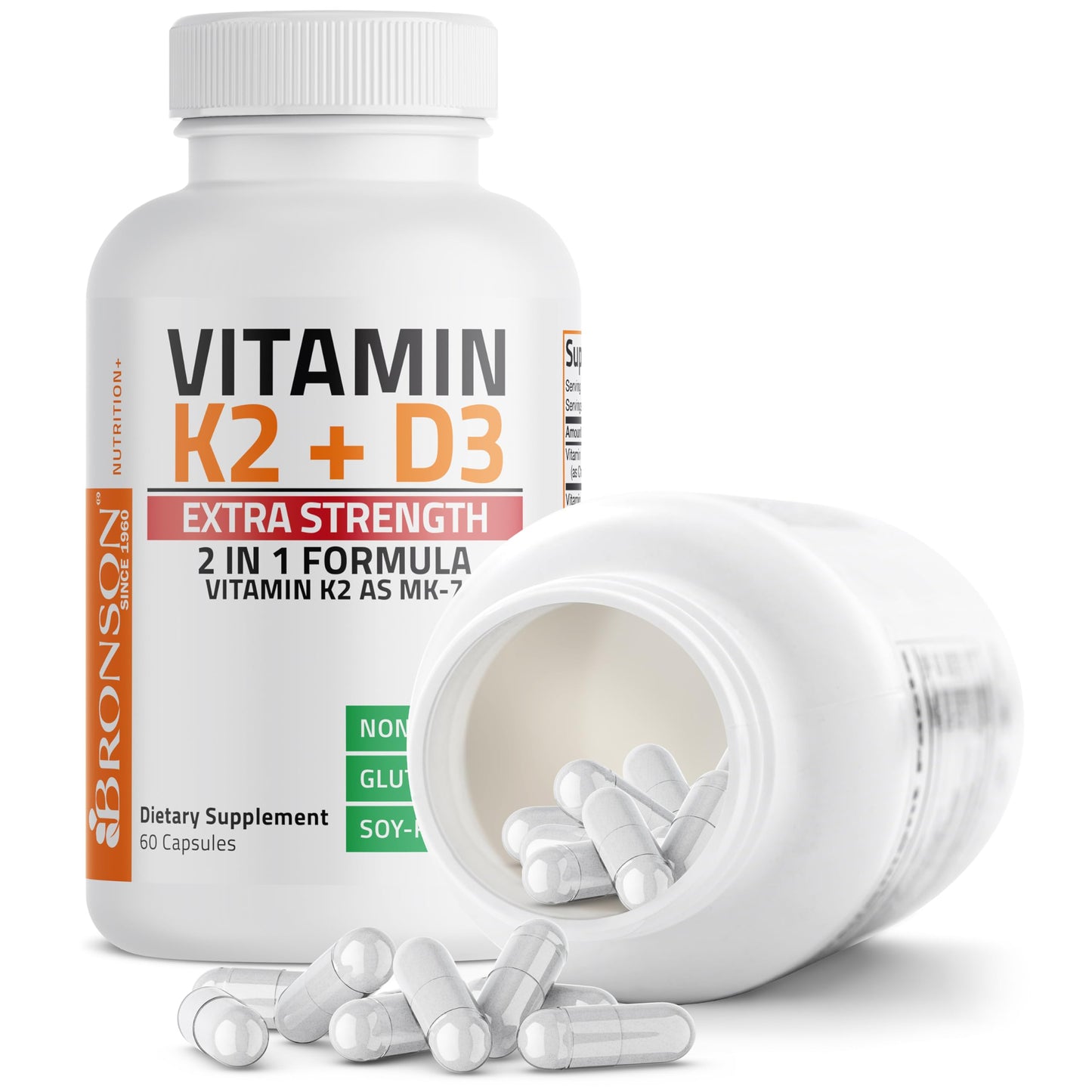 Bronson Vitamin K2 (MK7) with D3 Extra Strength Supplement Bone Health Non-GMO Formula 10,000 IU & 120 mcg MK-7 Easy to Swallow D K, 60 Capsules