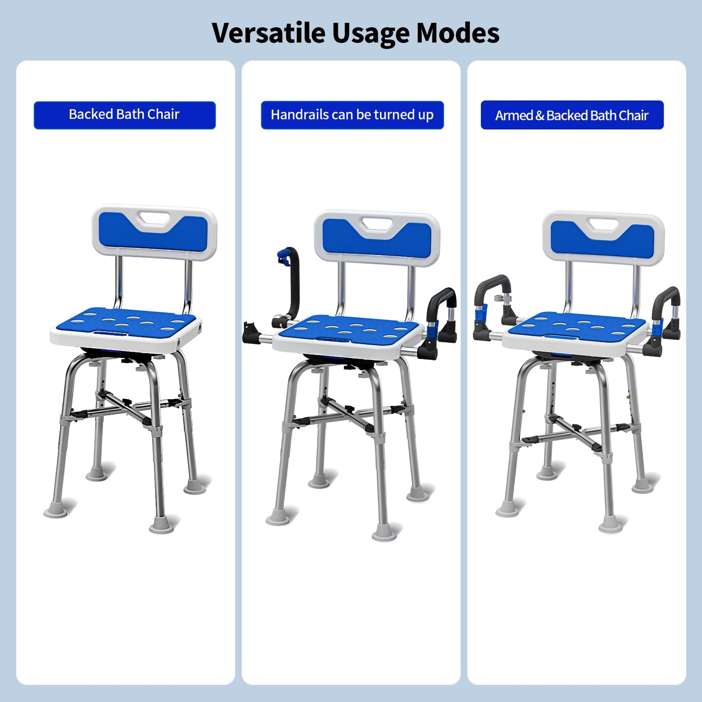 Swive Shower Chair with Arms and Back Heavy Duty 500 lbs for Seniors Elderly Disabled or Bariatric Adults Bench Seat for Inside Shower Stall and Bathroom Bath Tub Seats Adjustable Stool