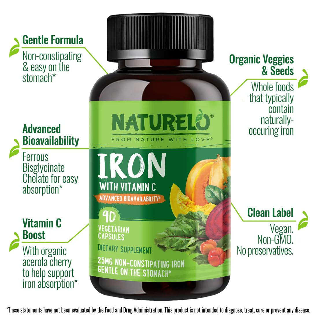 NATURELO Vegan Iron Supplement with Vitamin C and Organic Whole Foods - Gentle Iron Pills for Women & Men with Iron Deficiency Including Pregnancy, Anemia and Vegan Diets - 90 Mini Capsules