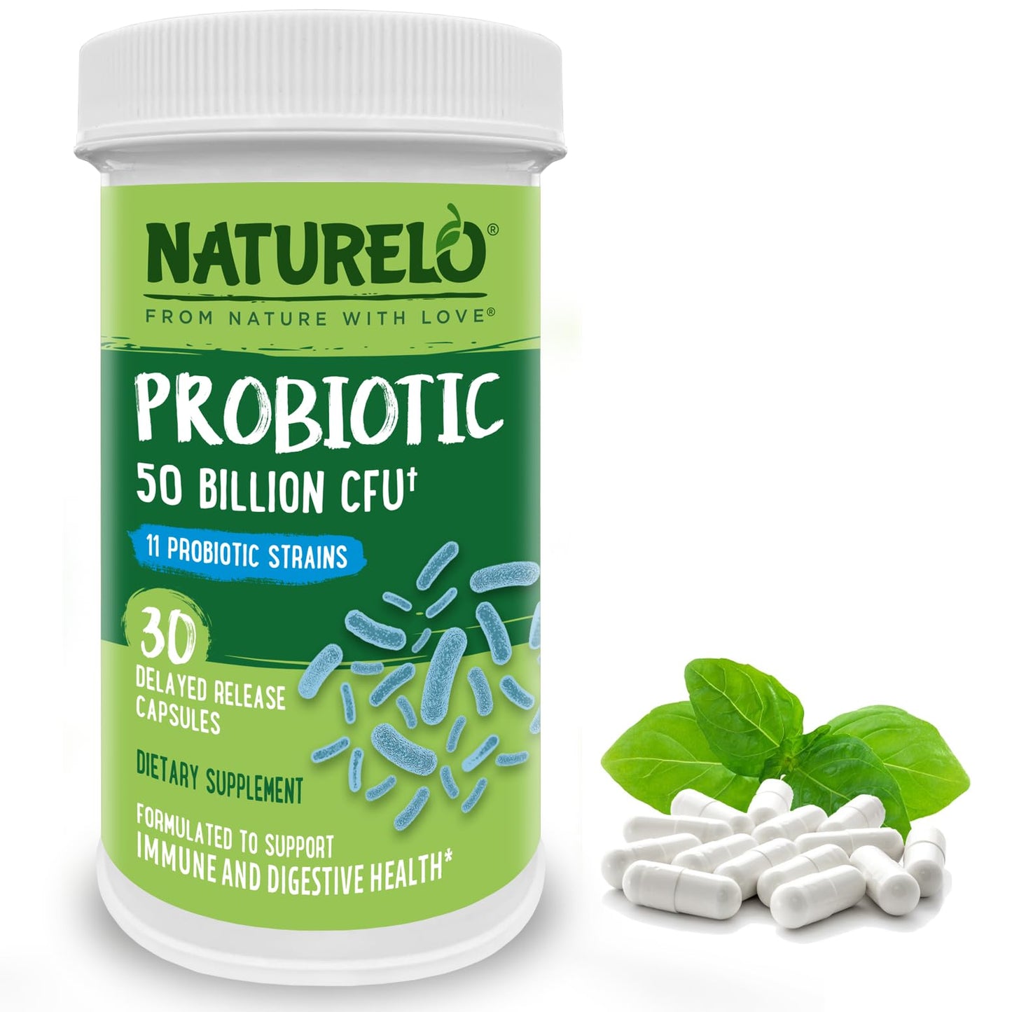 NATURELO Probiotics for Digestive Health - 50 Billion CFU, 11 Strains Daily Supplement - Boosts Immune System, Delayed Release, 60 Vegetarian Capsules