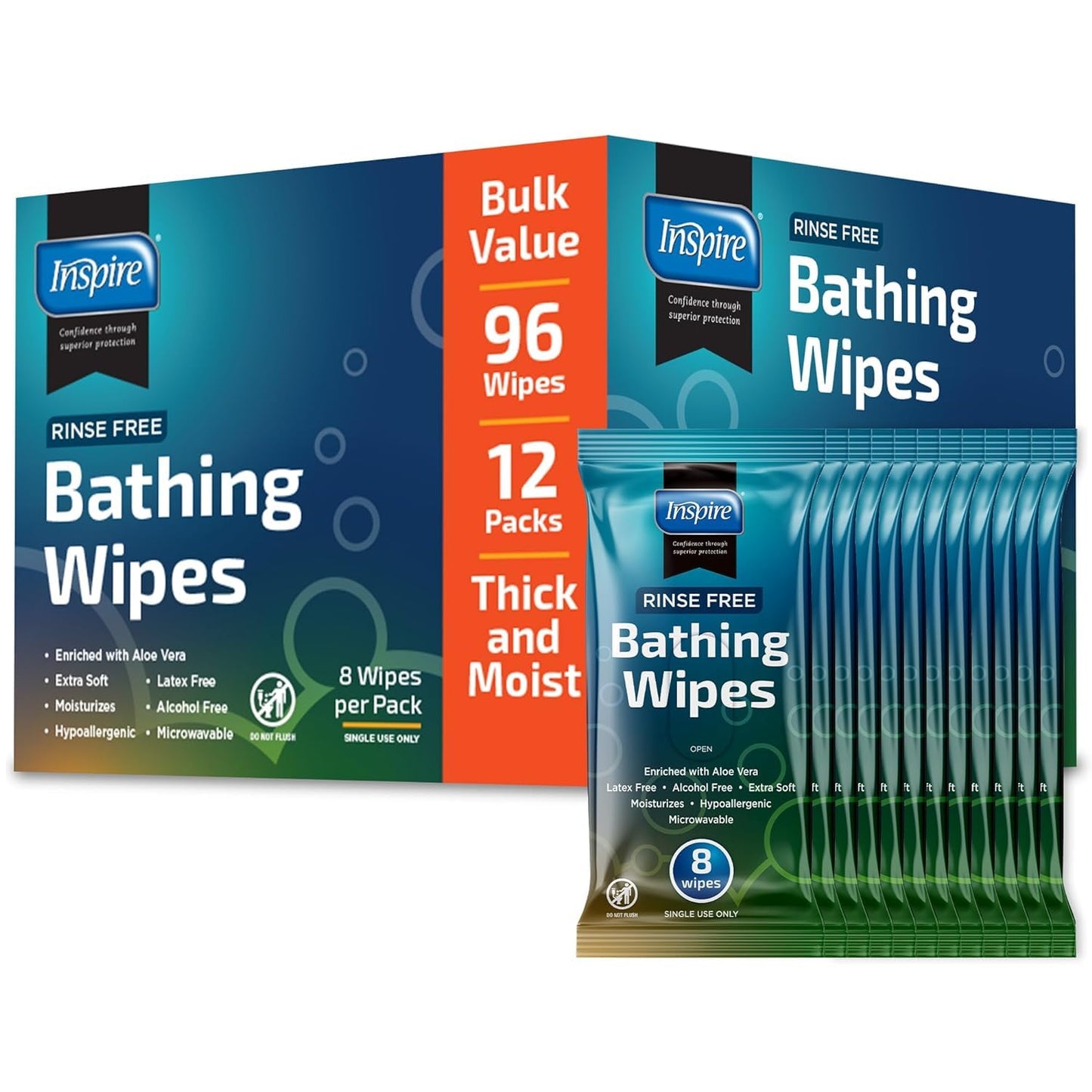Inspire Rinse Free Body Wash Wipes | Bathing Wipes, Shower Wipes | Extra Large Adult Wipes With Aloe | Cleansing Adult Wipes | Body Wipes For Women And Men | Disposable Washcloths For Adults Bathing