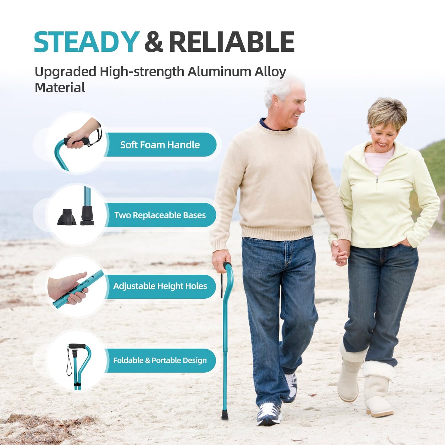 BeneCane Walking Cane for Men & Women Adjustable Cane with Offset Soft Cushioned Handle -Portable Lightweight Sturdy Mobility Walker Aid for Elderly, Seniors Collapsible Cane