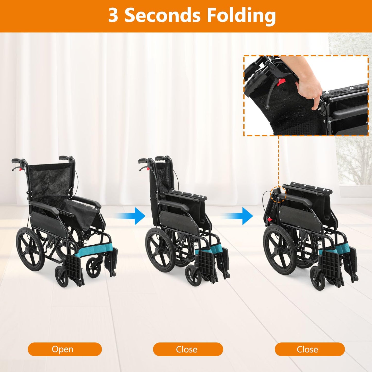 Wheelchair with Handbrakes, Swing-Away Footrests, 17.5" Wide Seat, 15" Rear Wheels, Lightweight Transport Chair for Easy Transfer, Travel, Compact Storage, 250lbs Capacity, Black Frame