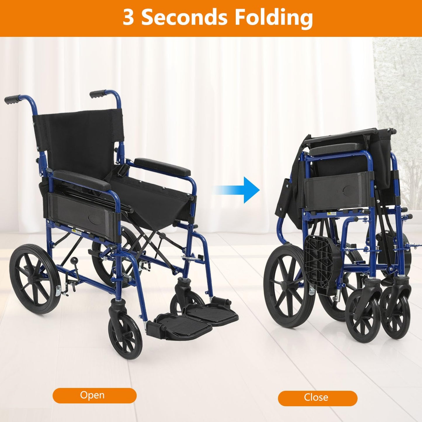 Wheelchair, Folding Transport Wheelchair with Swing-Away Foot Rest and Removable Flip Back Armrests, 18" Wide Seat for Adults Seniors Transfers, 300lbs, Black