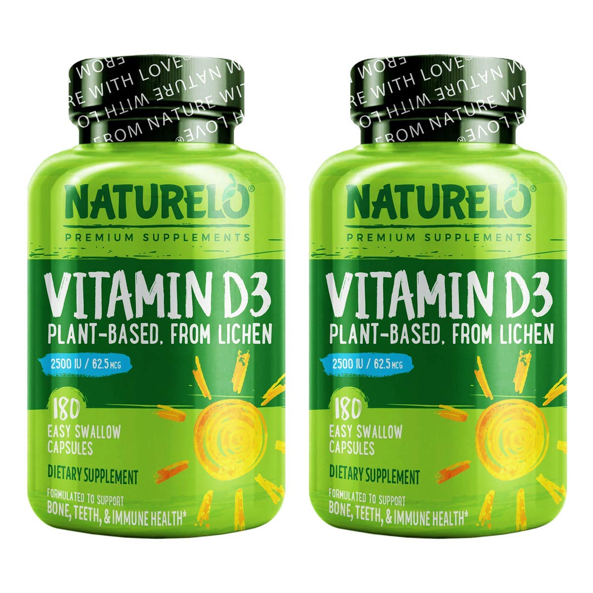 NATURELO Vitamin D - 2500 IU - Plant Based from Lichen - Natural D3 Supplement for Immune System, Bone Support, Joint Health - Vegan - Non-GMO - Gluten Free - 180 Capsules