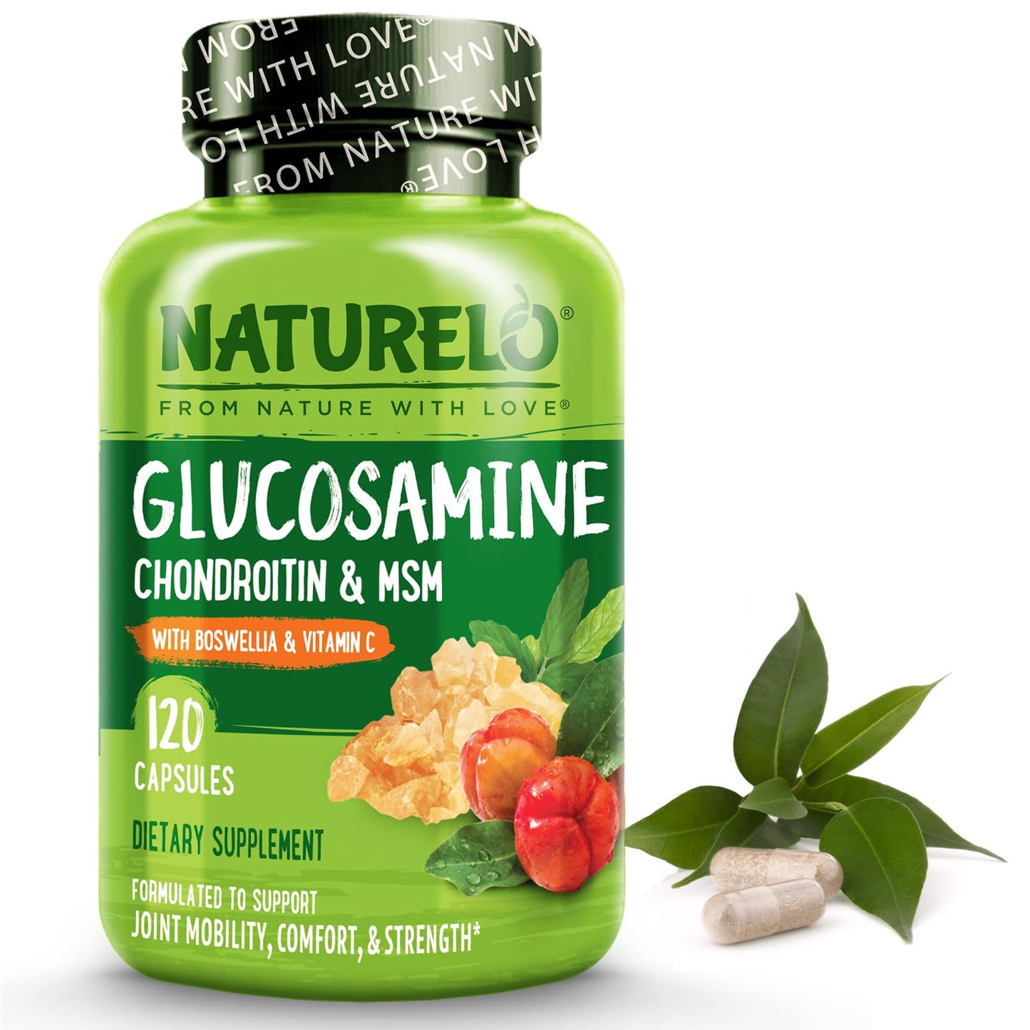 NATURELO Glucosamine Chondroitin MSM with Boswellia and Vitamin C - Supplement for Joint Comfort, Mobility, and Strength - 120 Capsules