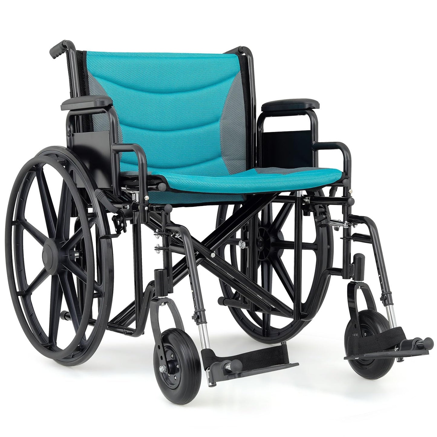 Self-Propelled Wheelchair, Extra Wide Folding Transport Bariatric Wheelhair with Swing-Away Foot Rest and Removable Flip Back Armrests, 24" Wide Seat for Adults Seniors Transfers, 500lbs, Blue