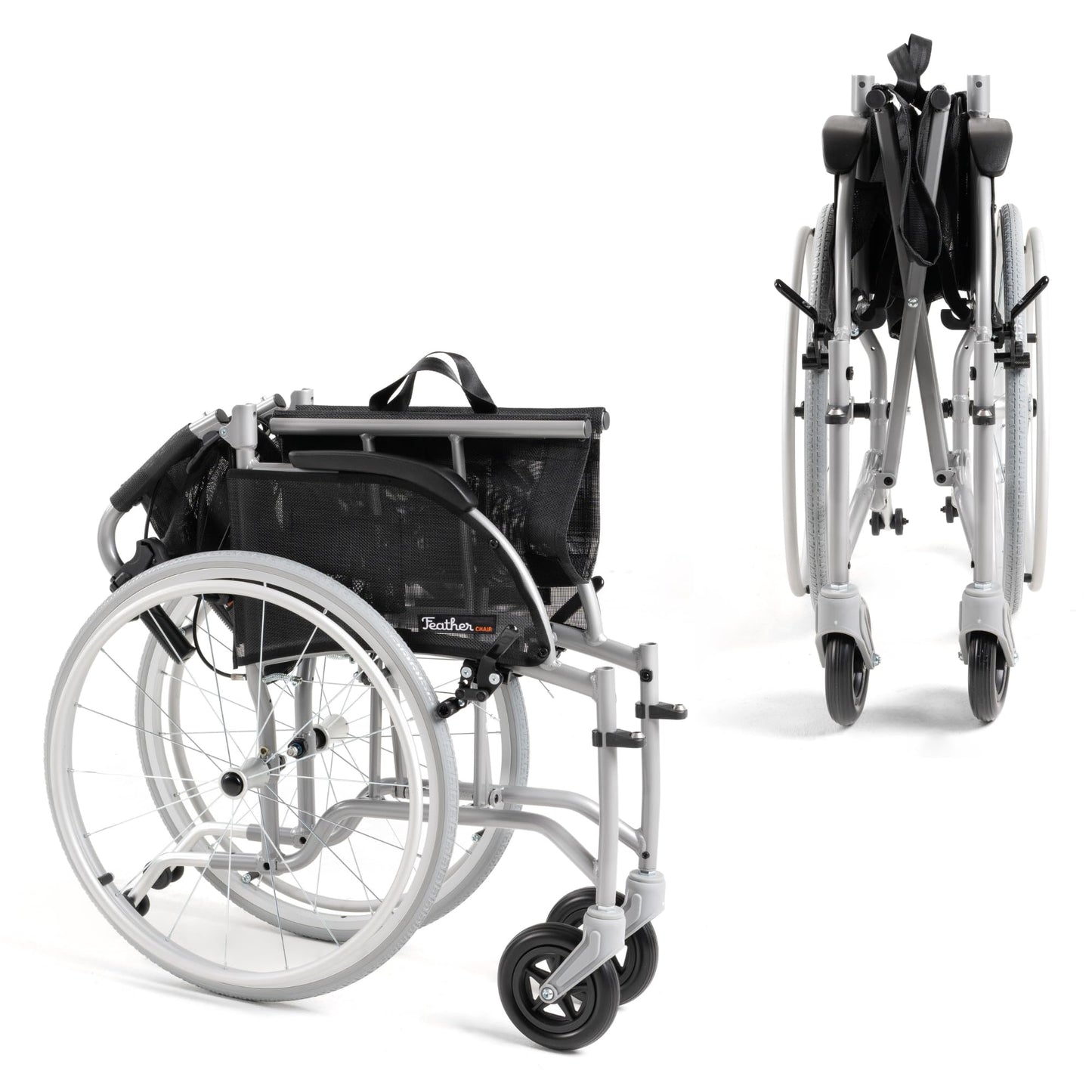 Feather Mobility - Red Cushion 13.5lb Silver Frame Lightweight Folding Wheelchair - Seat Width 18" with Swingaway Legrests, Anti-tippers, and Quick Release Wheels