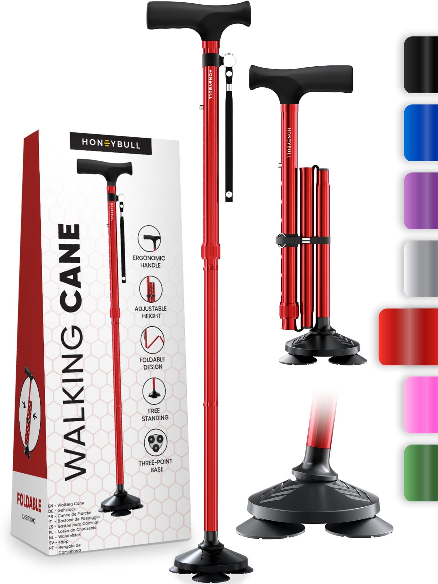 HONEYBULL Walking Cane for Men & Women – Foldable, Adjustable & Heavy-Duty Mobility Aid