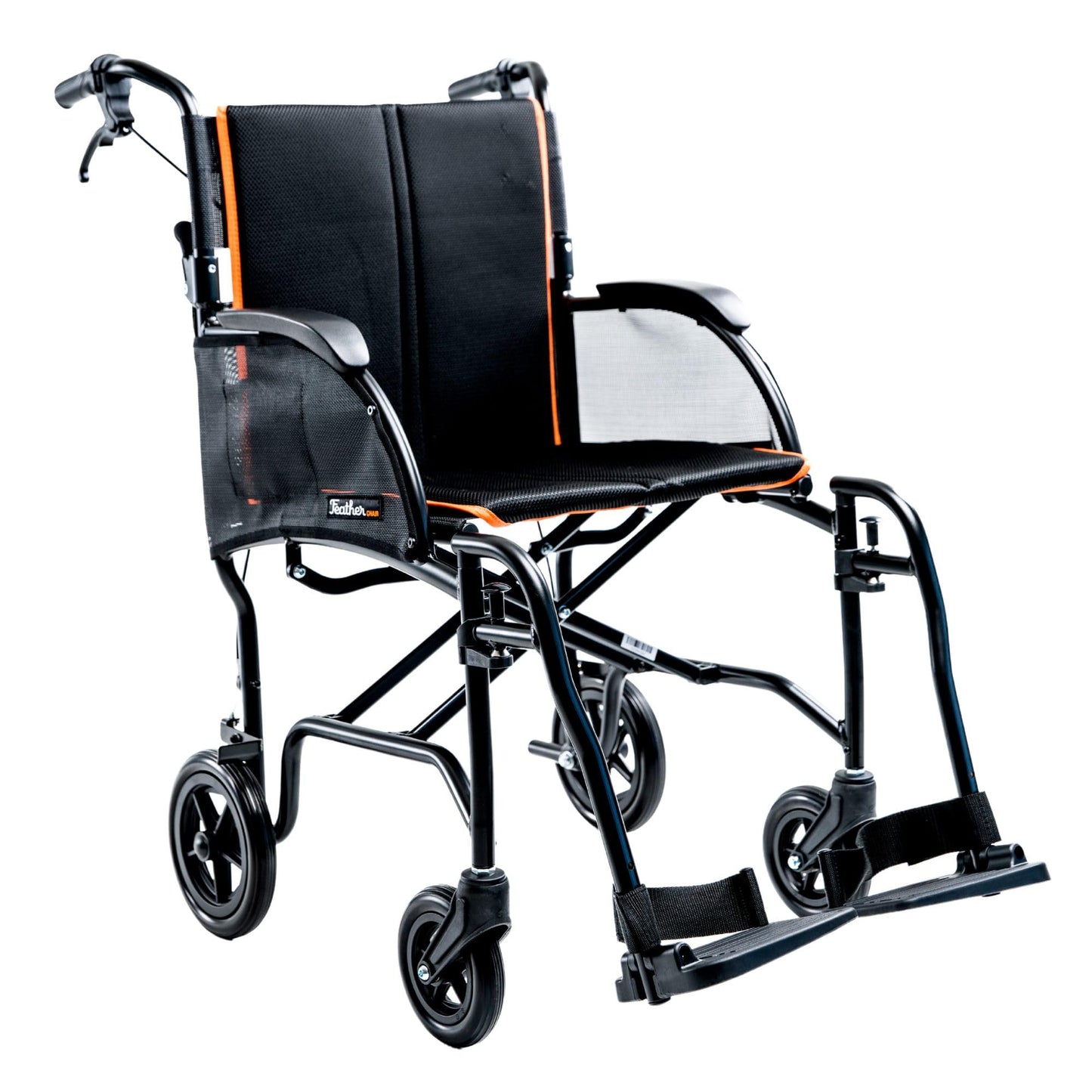 Feather Mobility - 13lb Frame - Black Lightweight Folding Transport Chair - Without Handbrakes - 300 lb Capacity