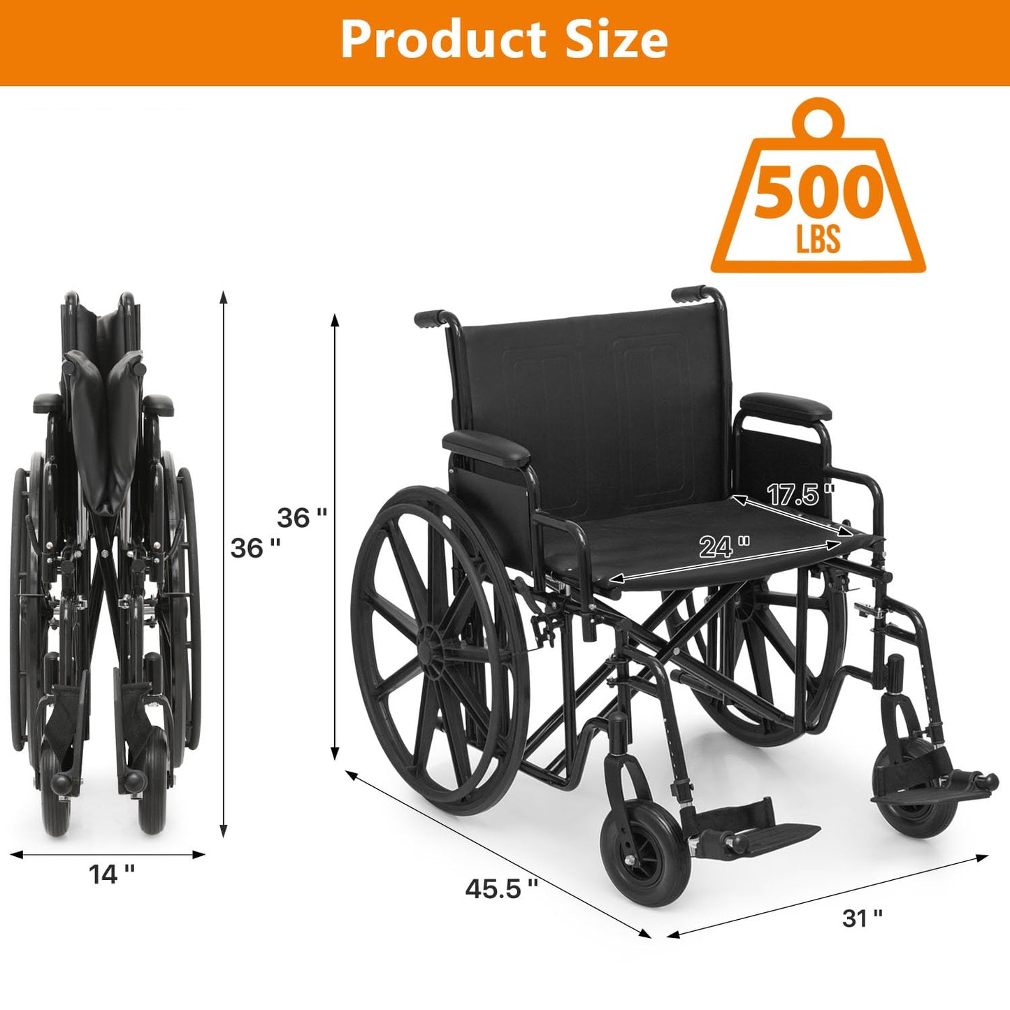 Self-Propelled Wheelchair, Extra Wide Folding Transport Bariatric Wheelhair with Swing-Away Foot Rest and Removable Flip Back Armrests, 24" Wide Seat for Adults Seniors Transfers, 500lbs, Blue