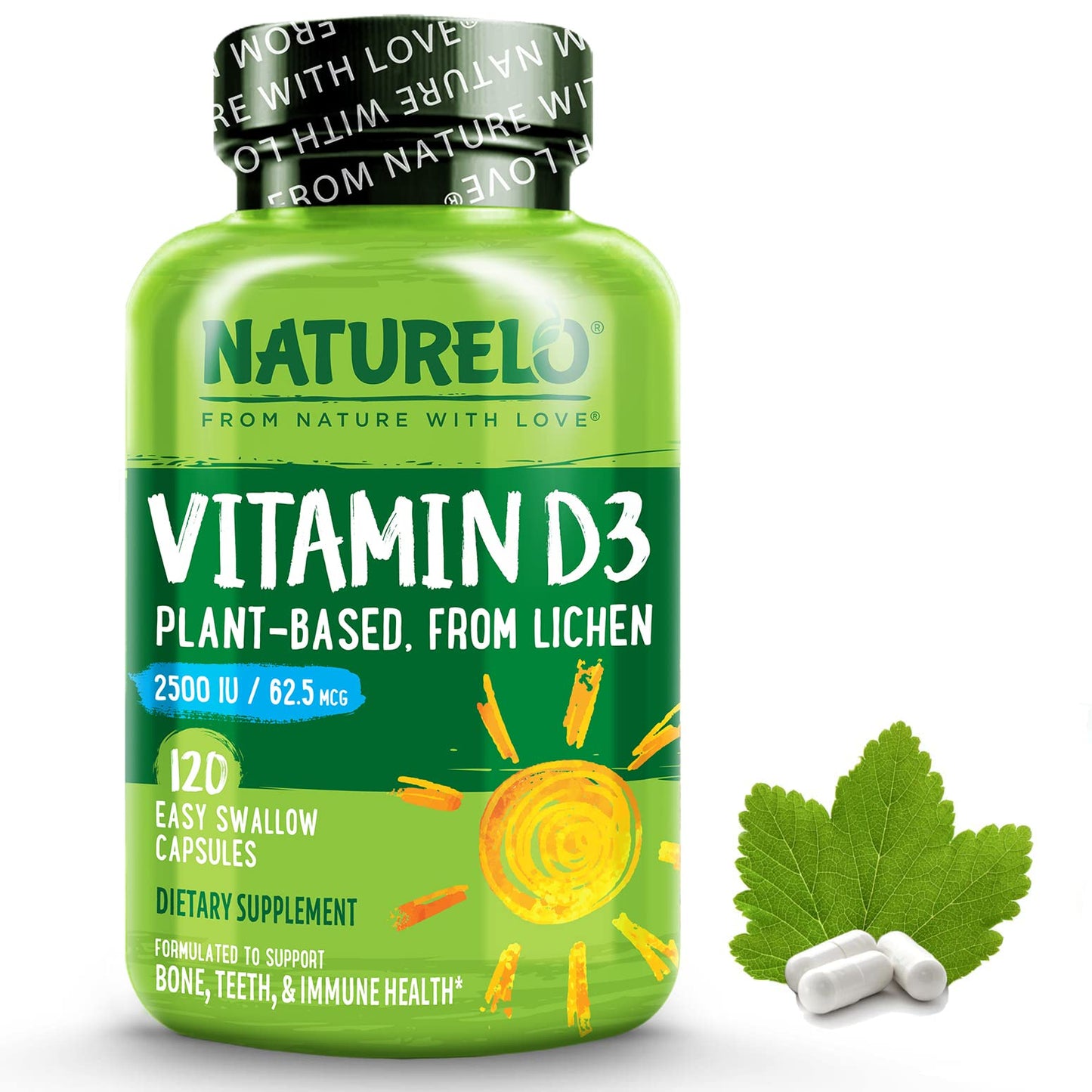 NATURELO Vitamin D - 2500 IU - Plant Based from Lichen - Natural D3 Supplement for Immune System, Bone Support, Joint Health - Vegan - Non-GMO - Gluten Free - 180 Capsules
