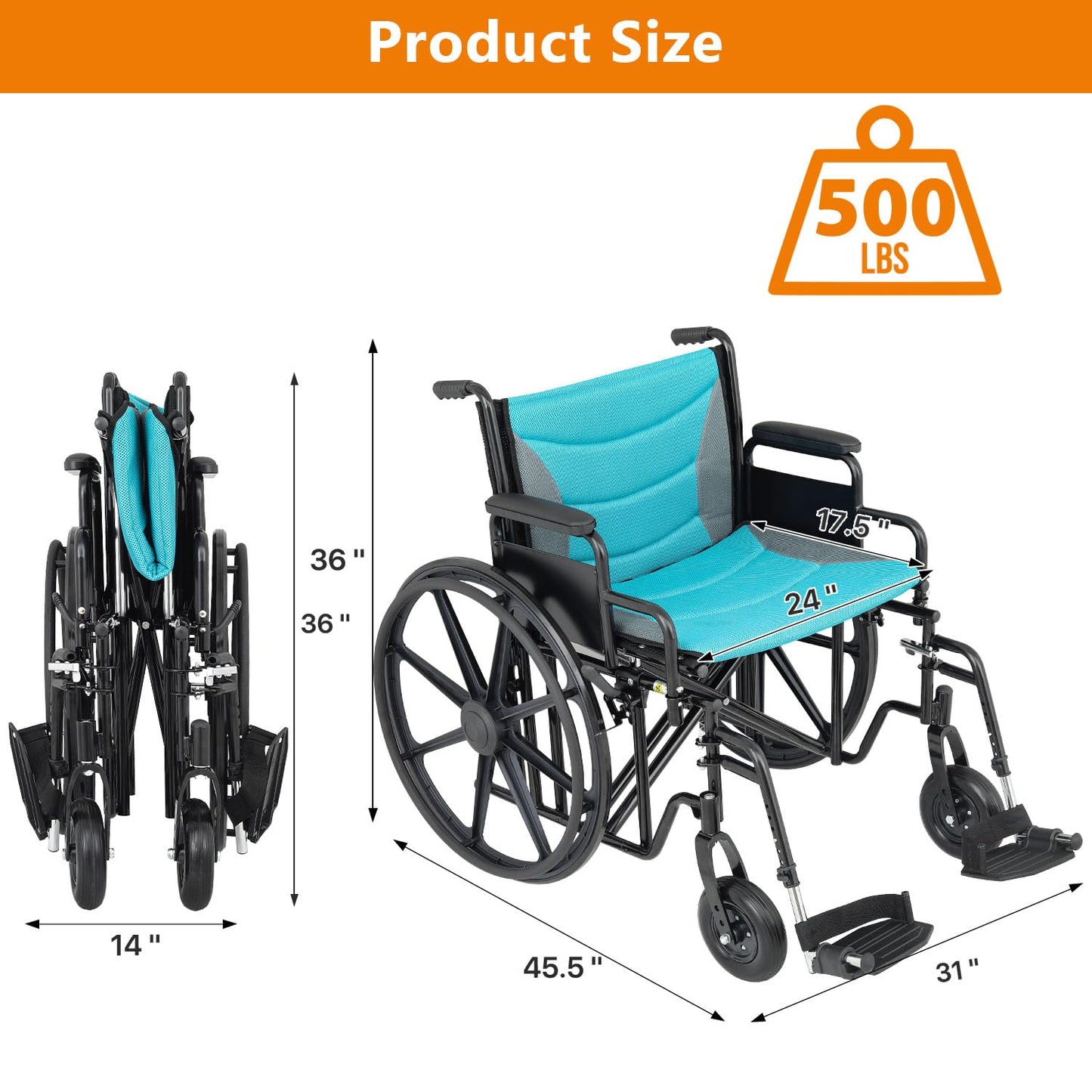 Self-Propelled Wheelchair, Extra Wide Folding Transport Bariatric Wheelhair with Swing-Away Foot Rest and Removable Flip Back Armrests, 24" Wide Seat for Adults Seniors Transfers, 500lbs, Blue