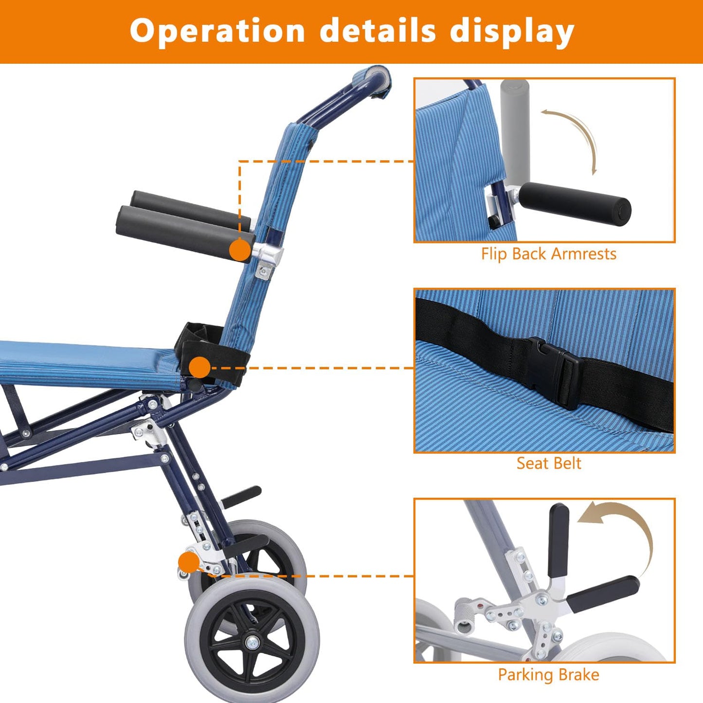 Lightweight Foldable Transport Wheelchair with Flip Back Armrest and Foldable Pedal, 18" Wide Seat for Adults Seniors Easy Transfers, 250lbs, Blue