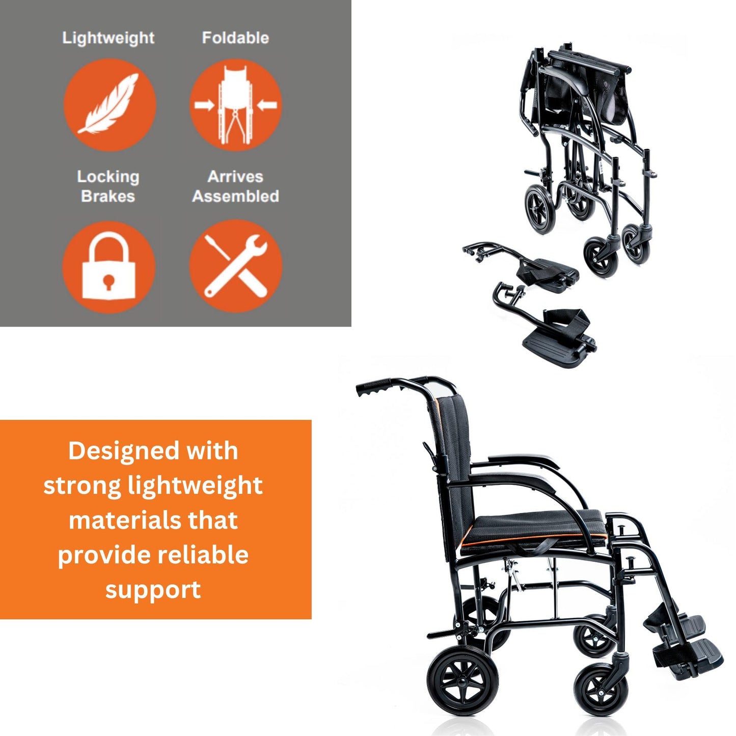 Feather Mobility - 13lb Frame - Black Lightweight Folding Transport Chair - Without Handbrakes - 300 lb Capacity
