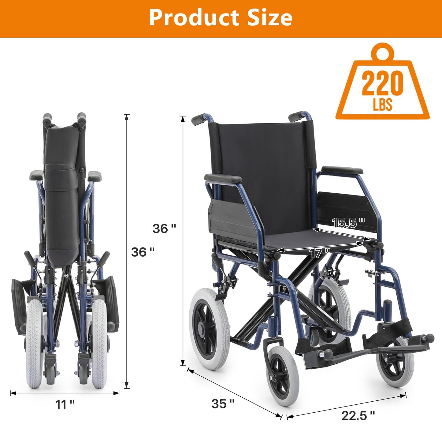 Wheelchair, Heavy Duty Folding Transport Wheelchair with Swing-Away Foot Rest and Removable Flip Back Armrests, 17" Wide Seat for Adults Seniors Easy Transfers, 300lbs, Red