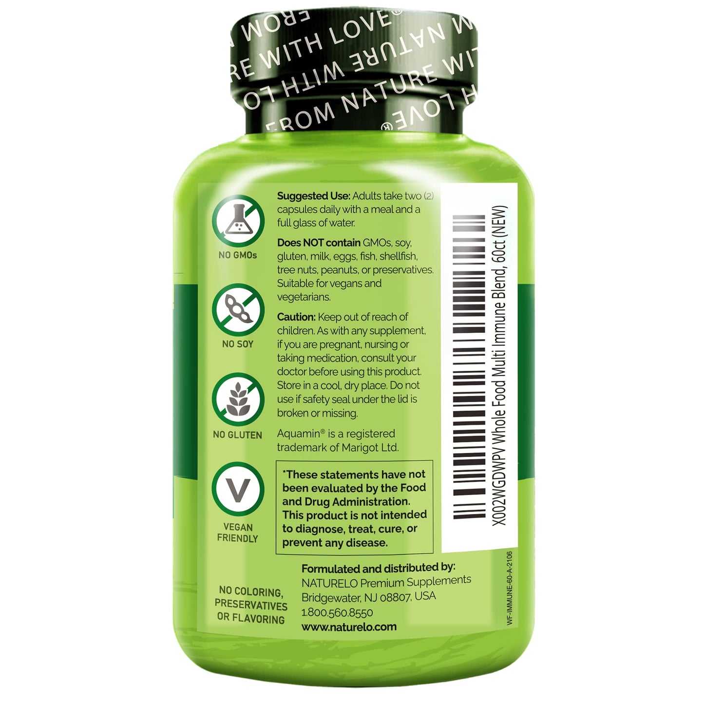 NATURELO Whole Food Multivitamin + Immune Blend with Elderberry & Mushrooms - Complete Multivitamin with Extra Immune Support - C, D3, Zinc, Elderberry, Reishi, Shitake - 60 Vegan Capsules