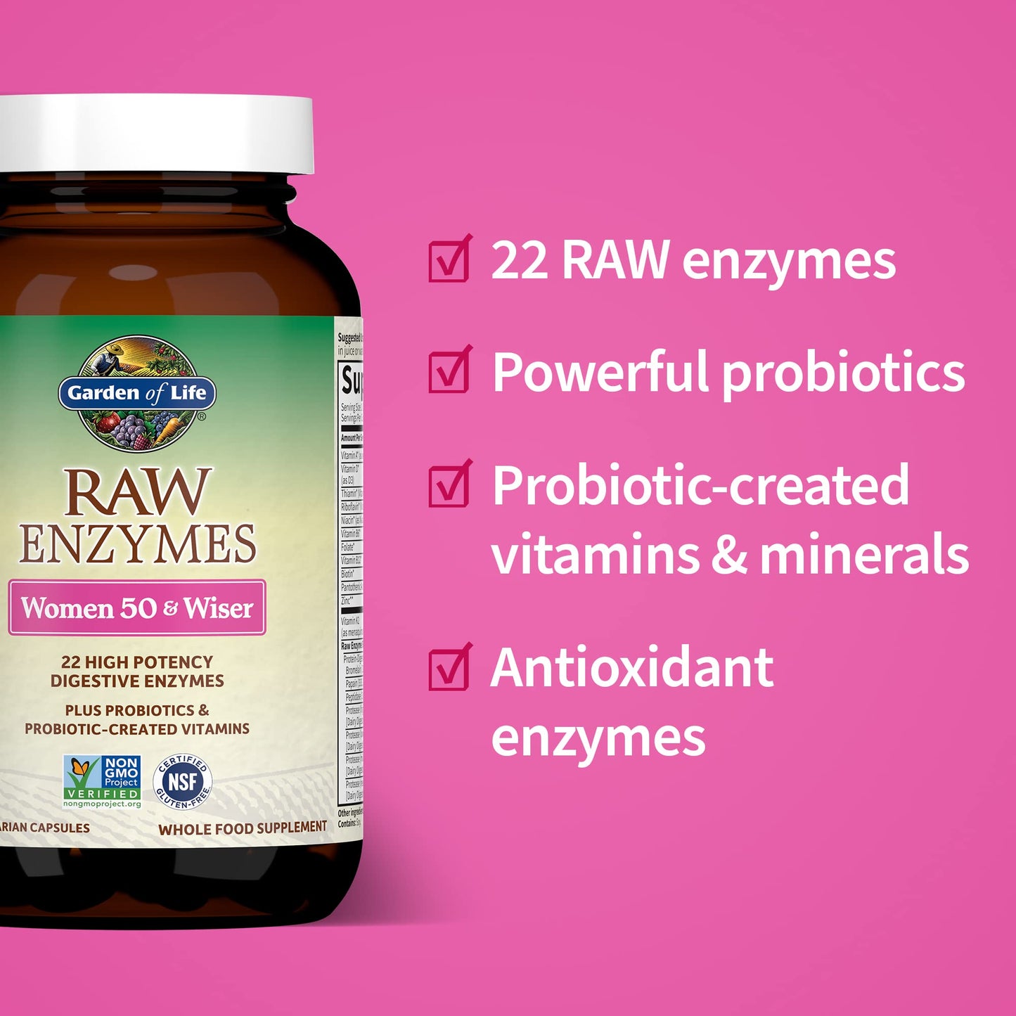 Garden of Life 22 Digestive Enzymes for Women 50 & Over with Bromelain, Papain & Lactase Plus Probiotics & Vitamins B12, Biotin & Zinc – RAW Enzymes – Non-GMO, Gluten-Free, Vegetarian, 90 Capsules