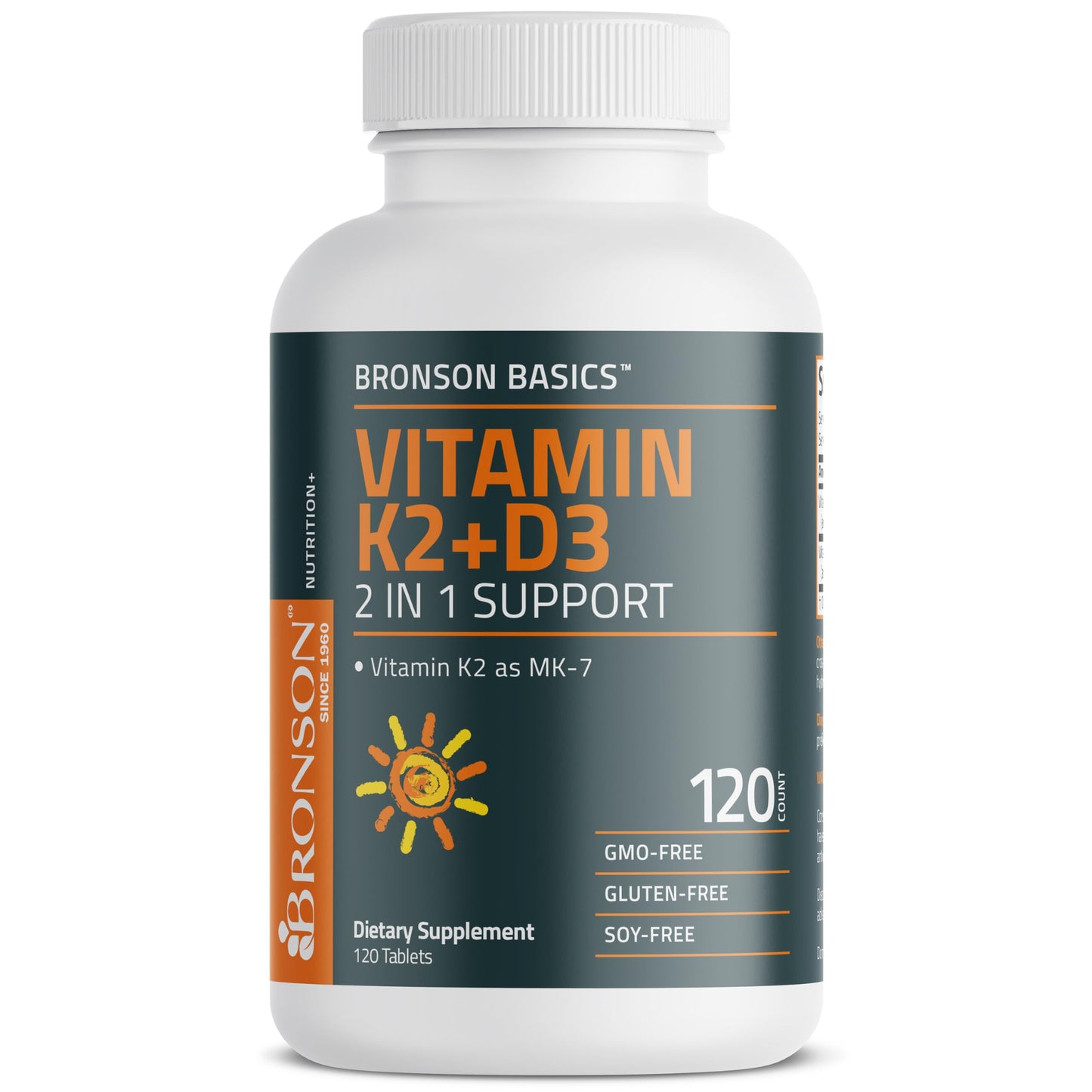 Bronson Vitamin K2 D3 (MK7) Supplement Non-GMO Formula Vitamin D3 5000IU (125 mcg) & 90 mcg K2 MK-7, Easy to Swallow D & K Complex, 120 Tablets