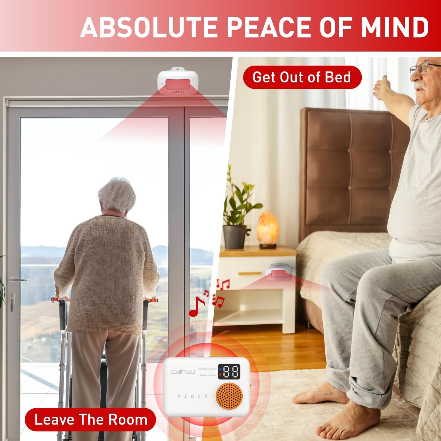 CallToU Bed Alarm for Elderly Adults Wireless Motion Sensor Alarm for Seniors Indoor Motion Detector for Dementia Caregiver Alarm&Fall Prevention System with Vibrate Digital Display Low Battery Remind