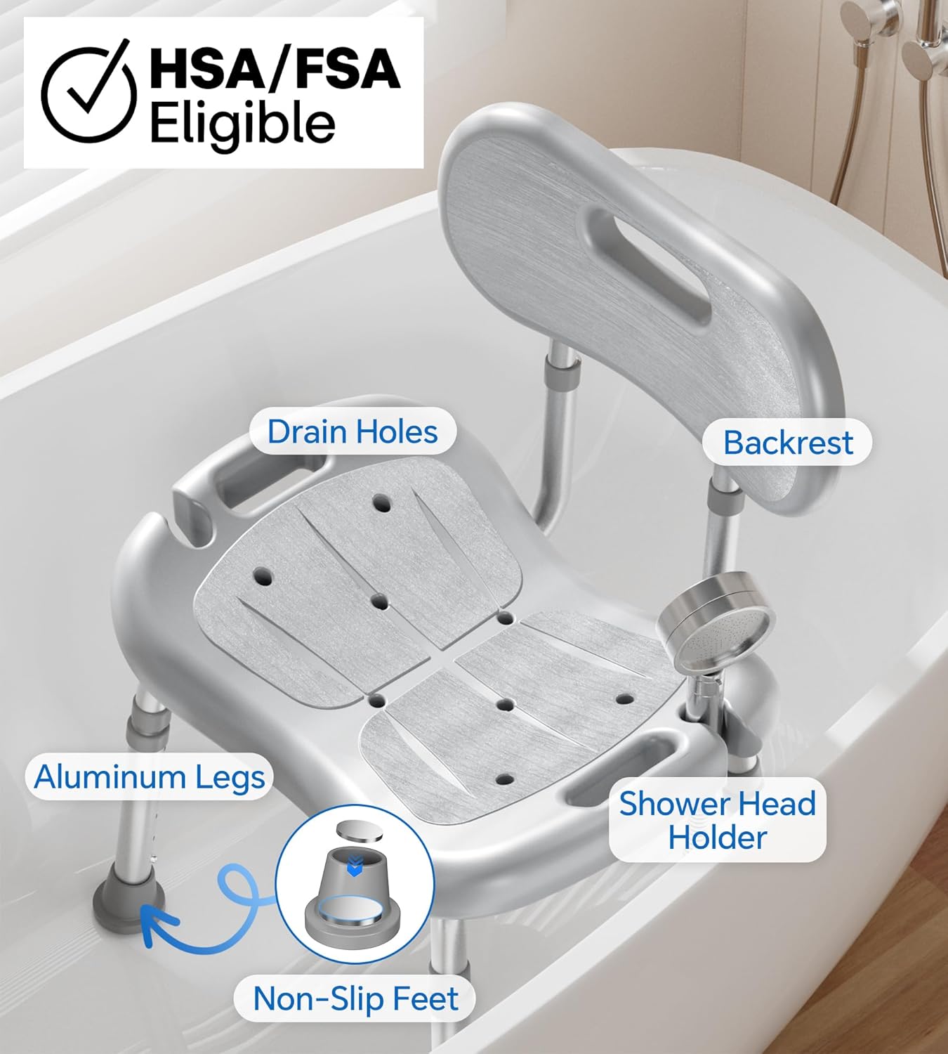 Shower Chair for Inside Shower with Removable Back, FSA/HSA Eligible Adjustable Height, Non-Slip Heavy Duty Bath Chair for Bathtub, 350 lbs Shower Seat for Elderly and Disabled, Grey