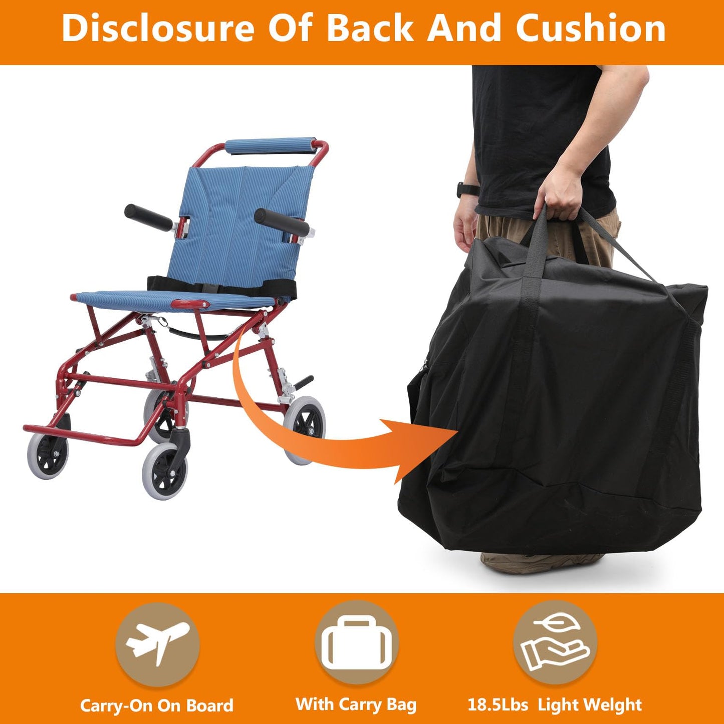 Lightweight Foldable Transport Wheelchair with Flip Back Armrest and Foldable Pedal, 18" Wide Seat for Adults Seniors Easy Transfers, 250lbs, Blue