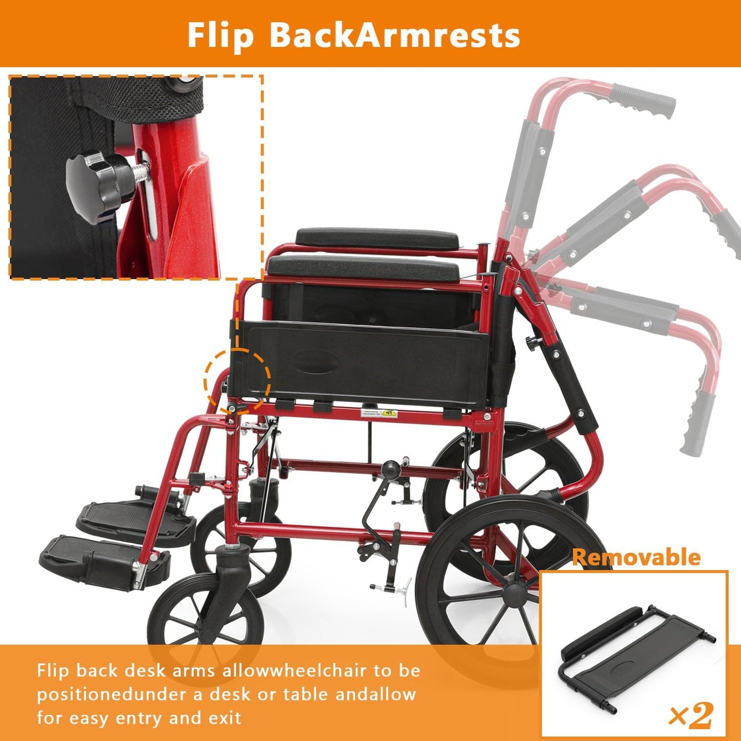 Wheelchair, Folding Transport Wheelchair with Swing-Away Foot Rest and Removable Flip Back Armrests, 18" Wide Seat for Adults Seniors Transfers, 300lbs, Black
