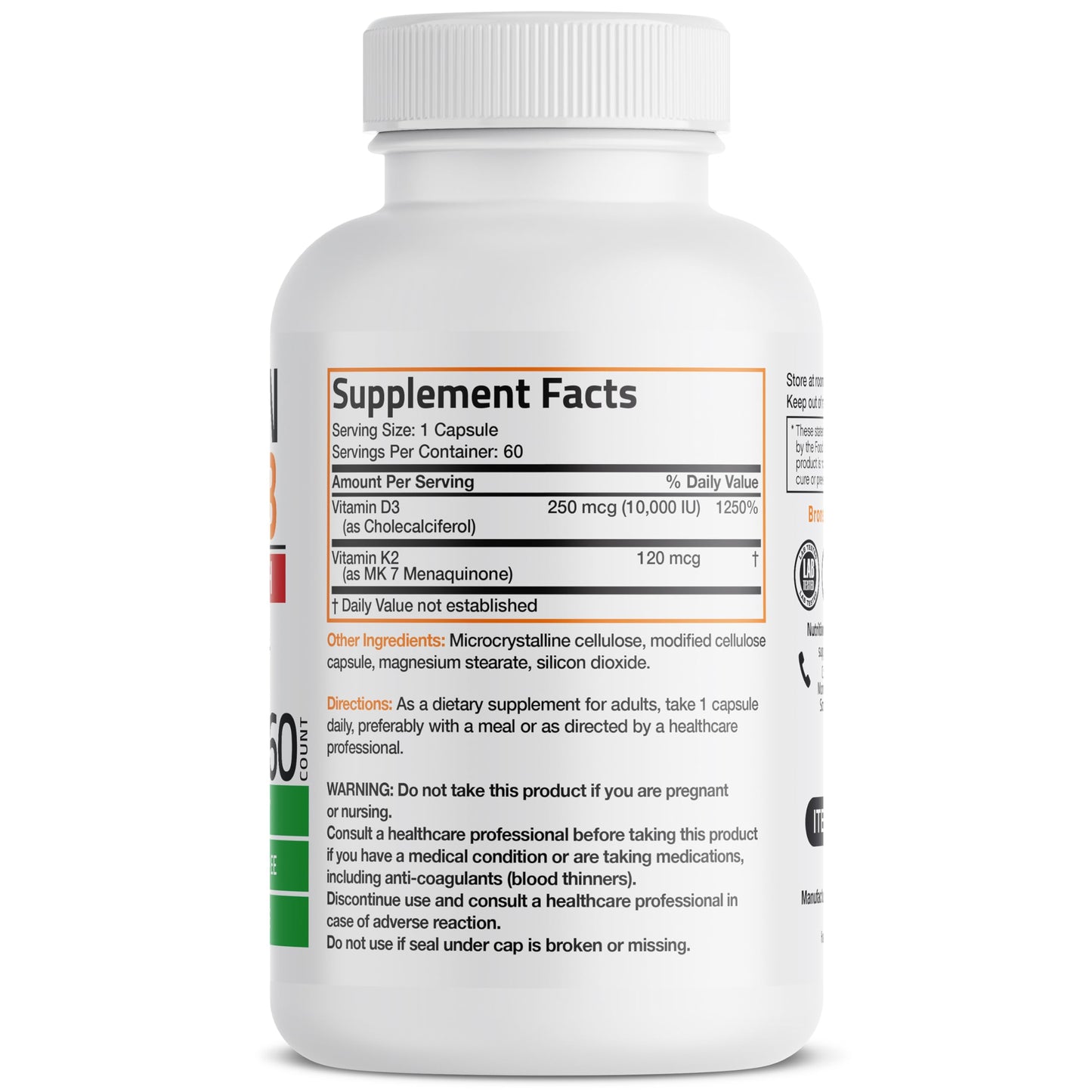 Bronson Vitamin K2 (MK7) with D3 Extra Strength Supplement Bone Health Non-GMO Formula 10,000 IU & 120 mcg MK-7 Easy to Swallow D K, 60 Capsules