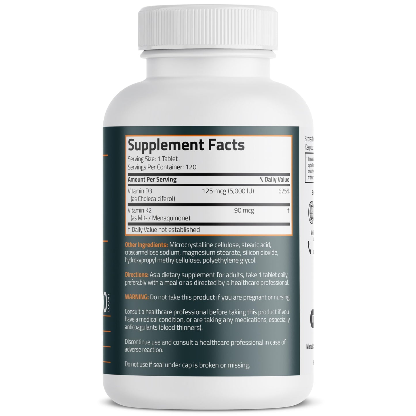 Bronson Vitamin K2 D3 (MK7) Supplement Non-GMO Formula Vitamin D3 5000IU (125 mcg) & 90 mcg K2 MK-7, Easy to Swallow D & K Complex, 120 Tablets