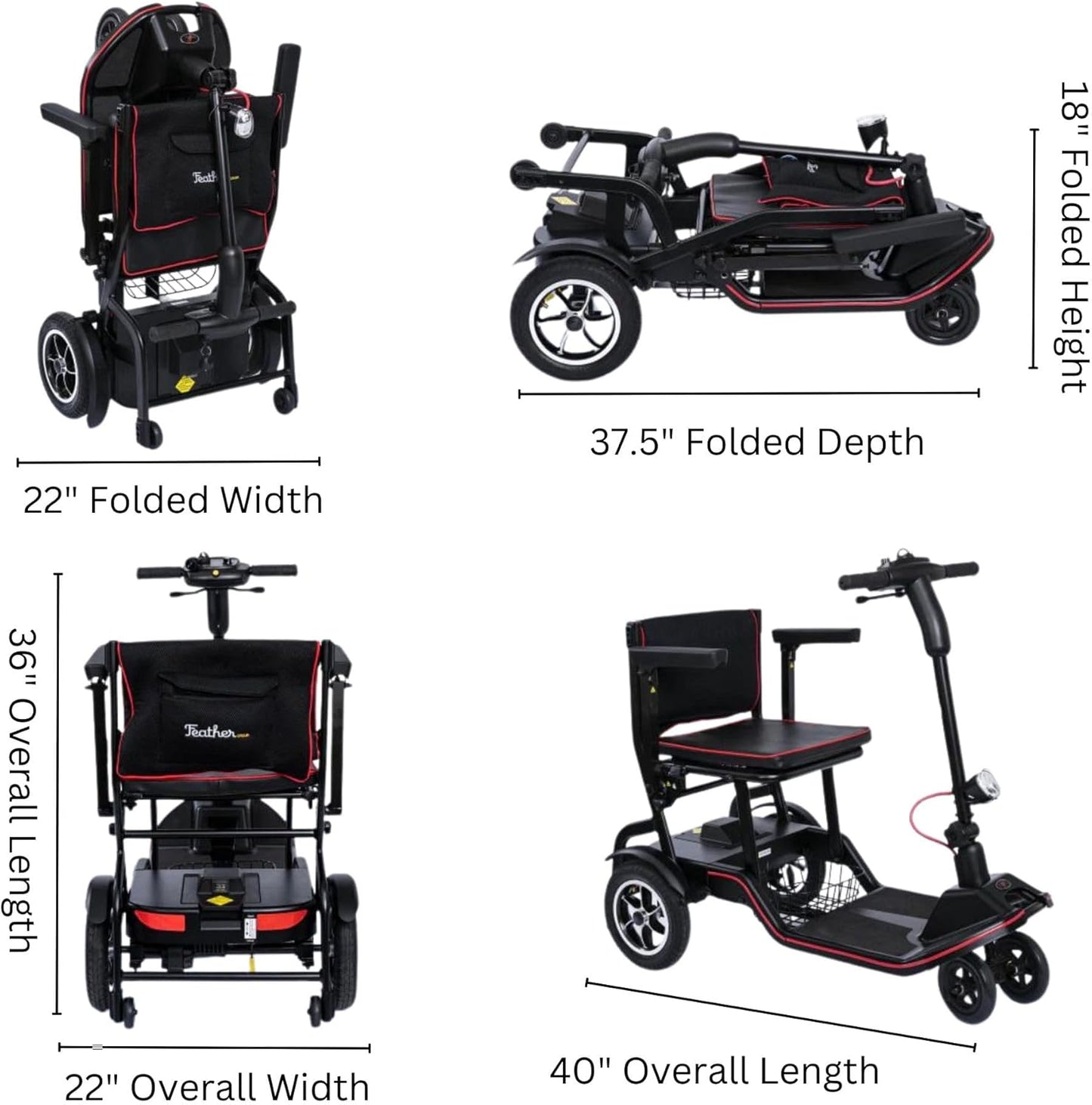 FeatherMobility - Black 4 Wheel Mobility Scooter 37 lb Frame - Long Range Battery, Compact Fold for Travel, with Arm Rests, and Basket - 265 lb Capacity