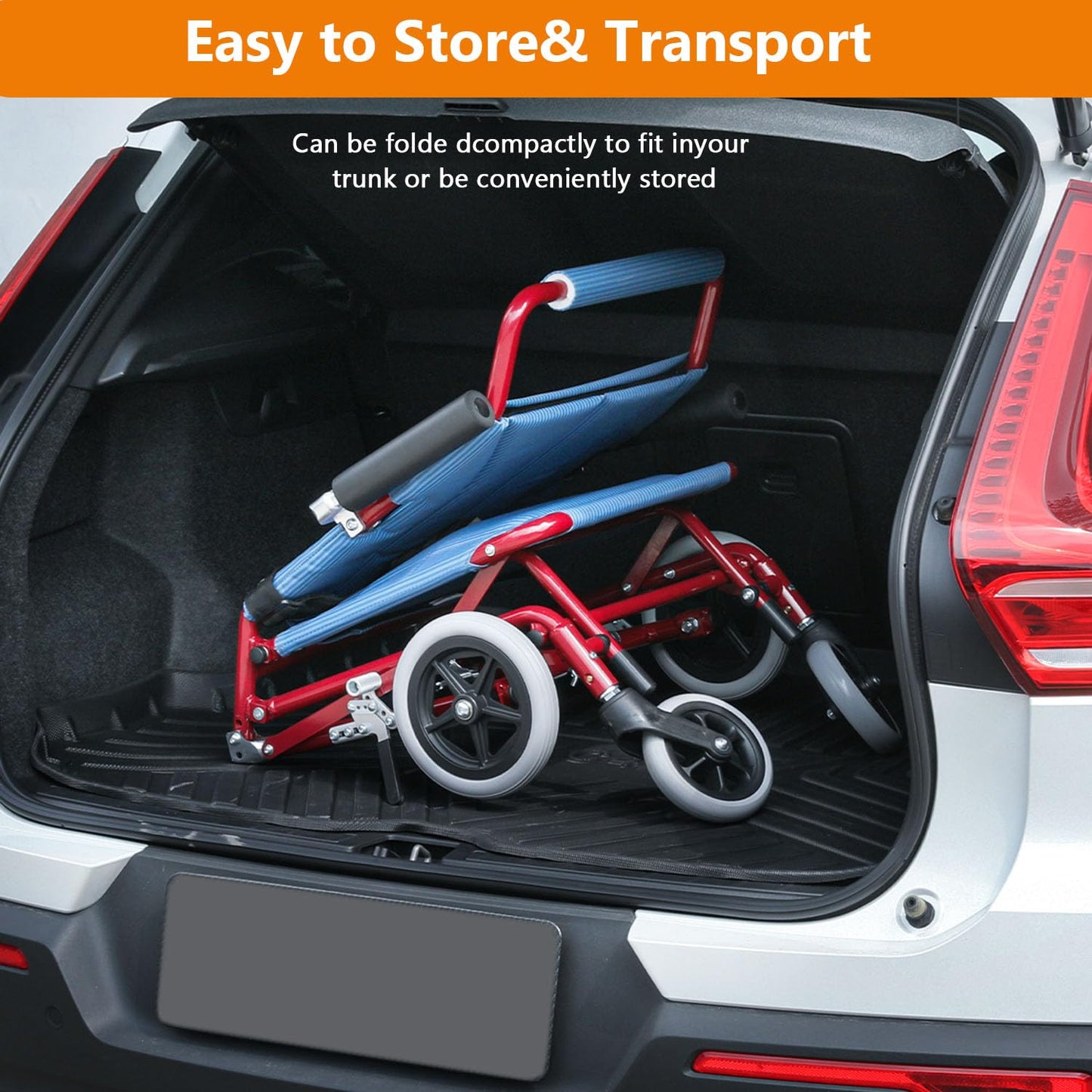 Lightweight Foldable Transport Wheelchair with Flip Back Armrest and Foldable Pedal, 18" Wide Seat for Adults Seniors Easy Transfers, 250lbs, Blue