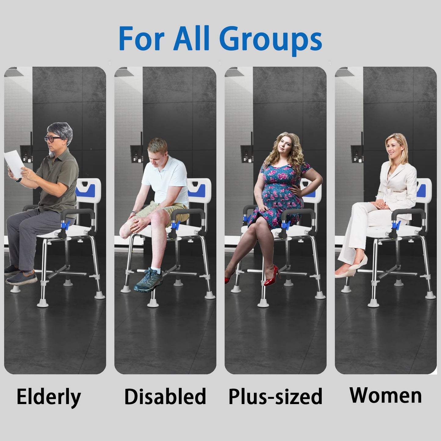 Swive Shower Chair with Arms and Back Heavy Duty 500 lbs for Seniors Elderly Disabled or Bariatric Adults Bench Seat for Inside Shower Stall and Bathroom Bath Tub Seats Adjustable Stool